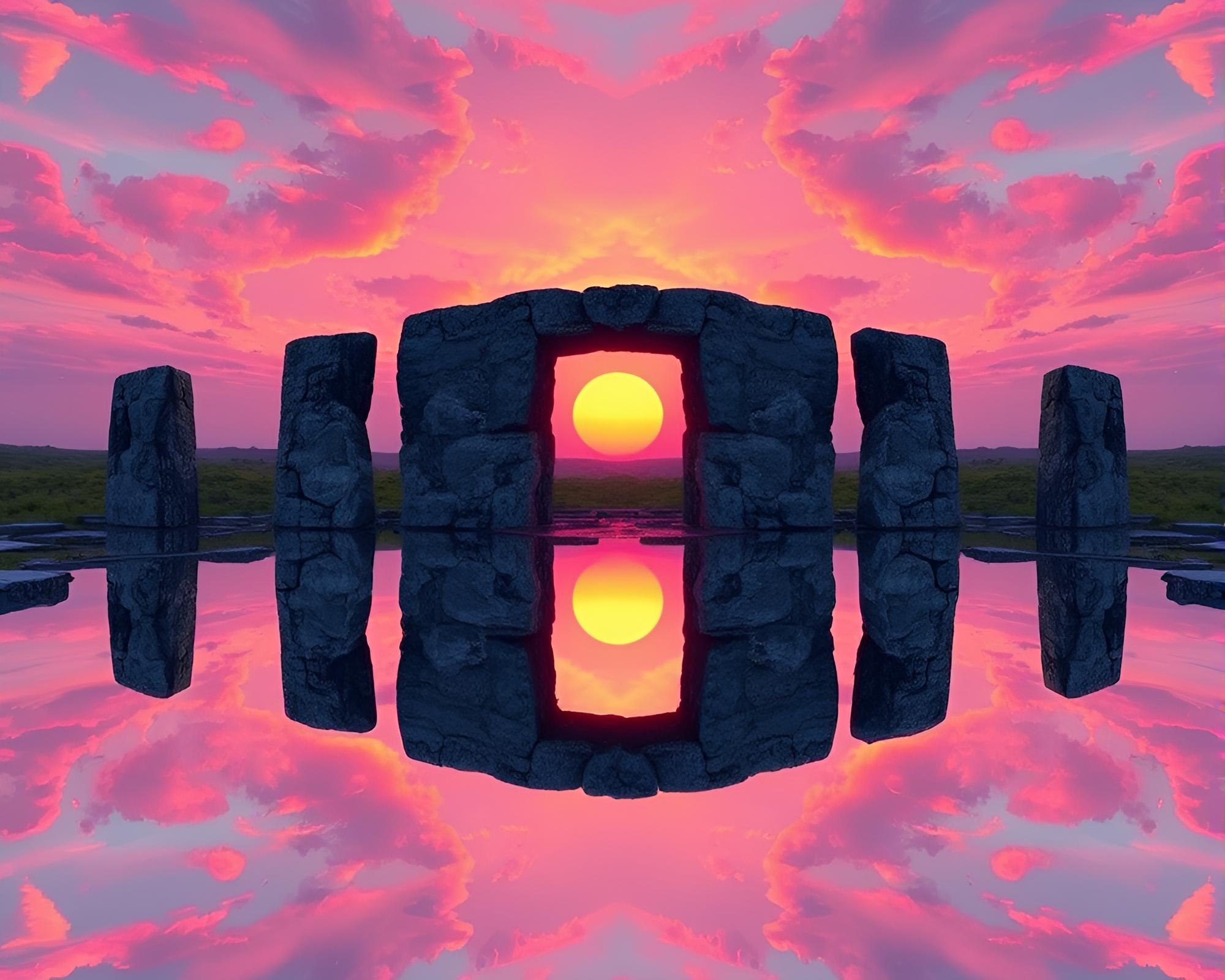 Sunrise Stone Circle Mirror Symmetry Comic Book Art – free AI stock image