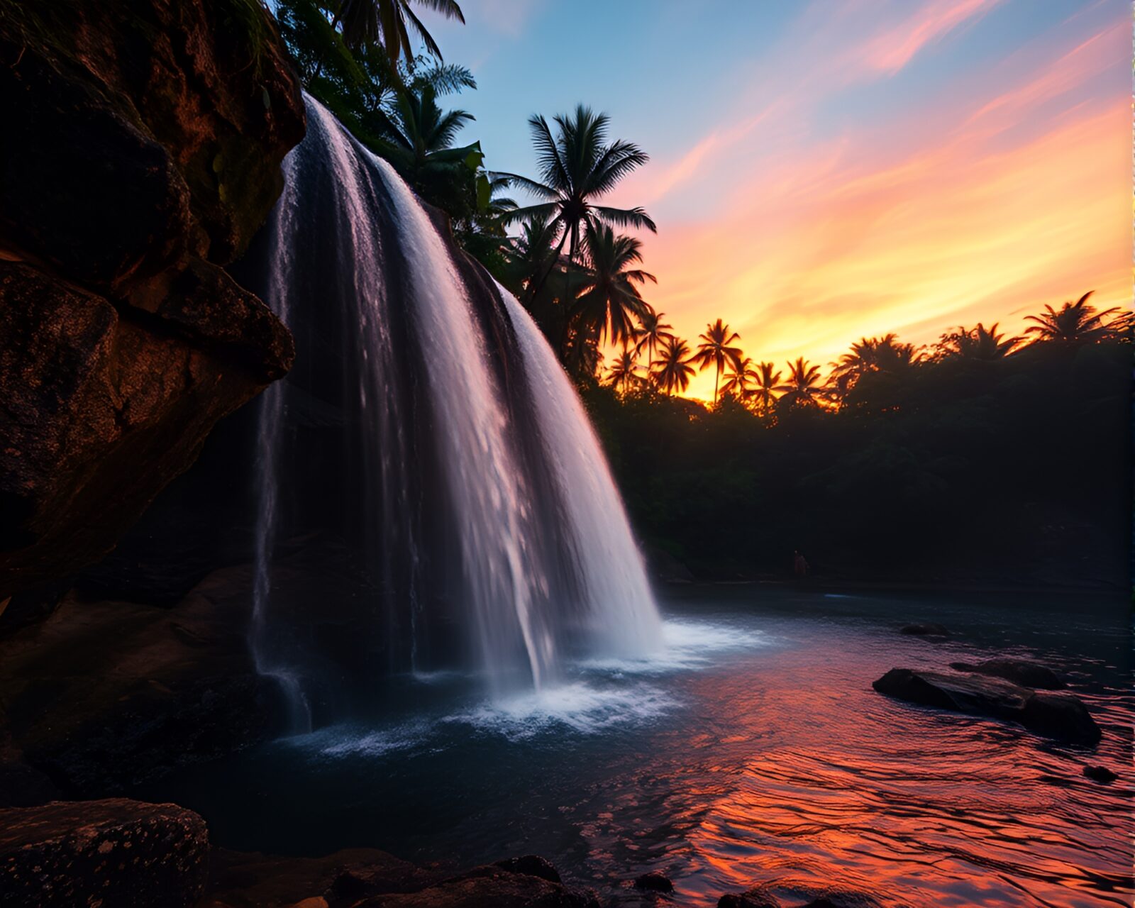 Vibrant tropical waterfall scene in sunset stippling style