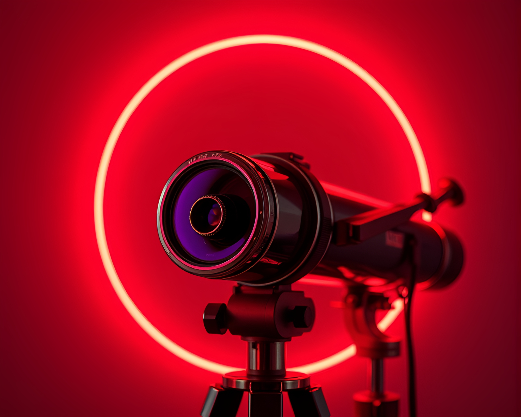 Vivid Telescope Reflections in Ruby Red Neon Cityscape – free AI stock image
