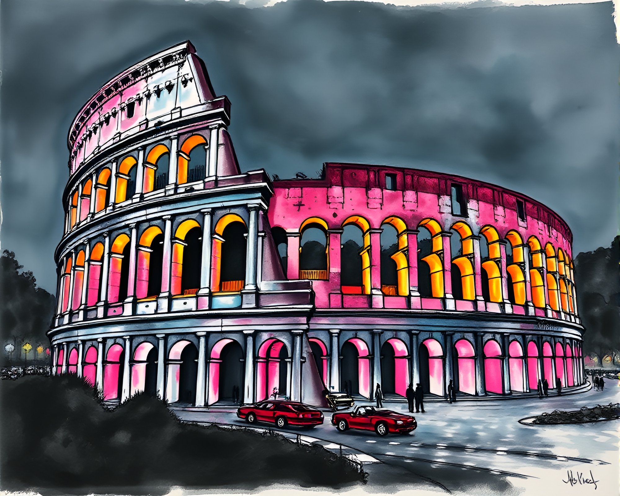 Neon Roman Coliseum Stippling Ink Wash Art – free AI stock image