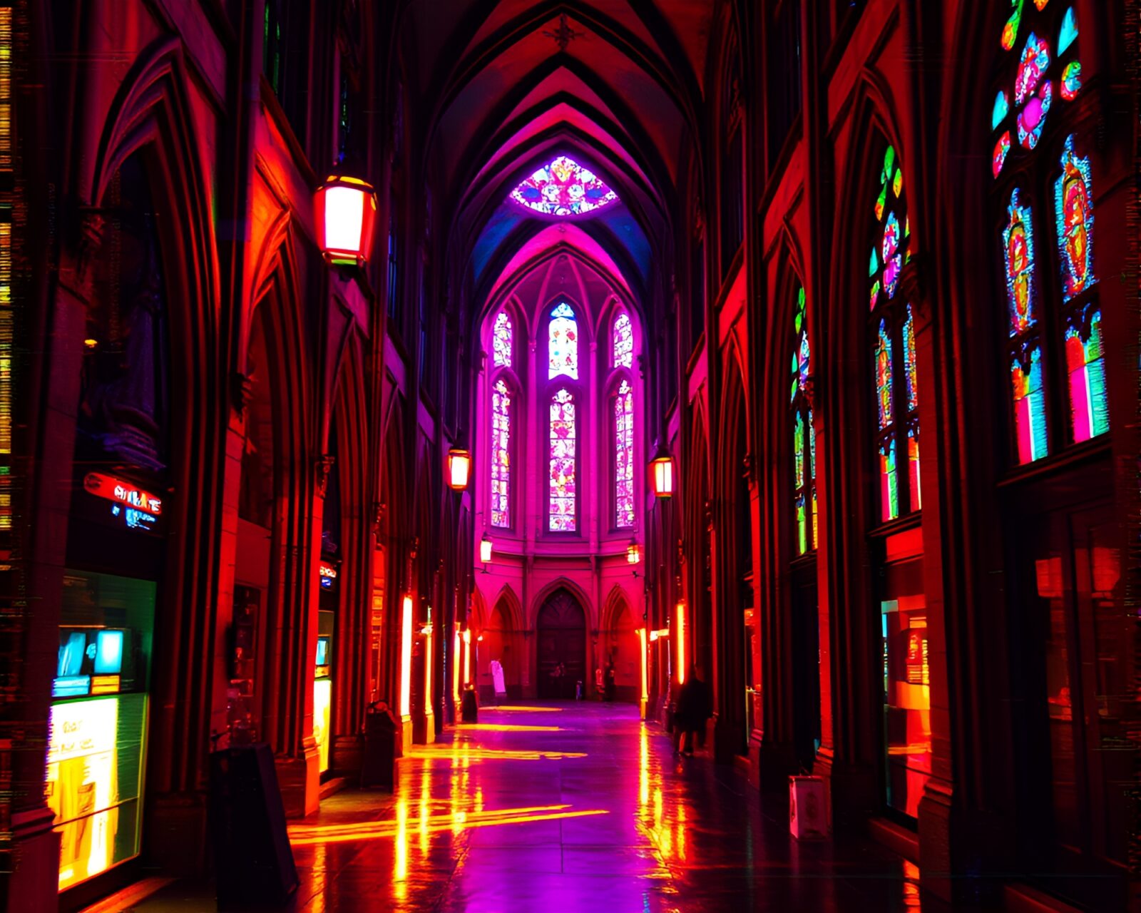 Colorful cyberpunk alley scene with cathedral light effect