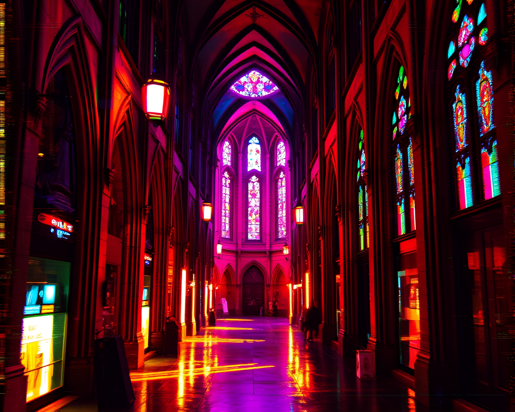 Glitch Cyberpunk Alley Illuminated by Stained Light – free AI stock image