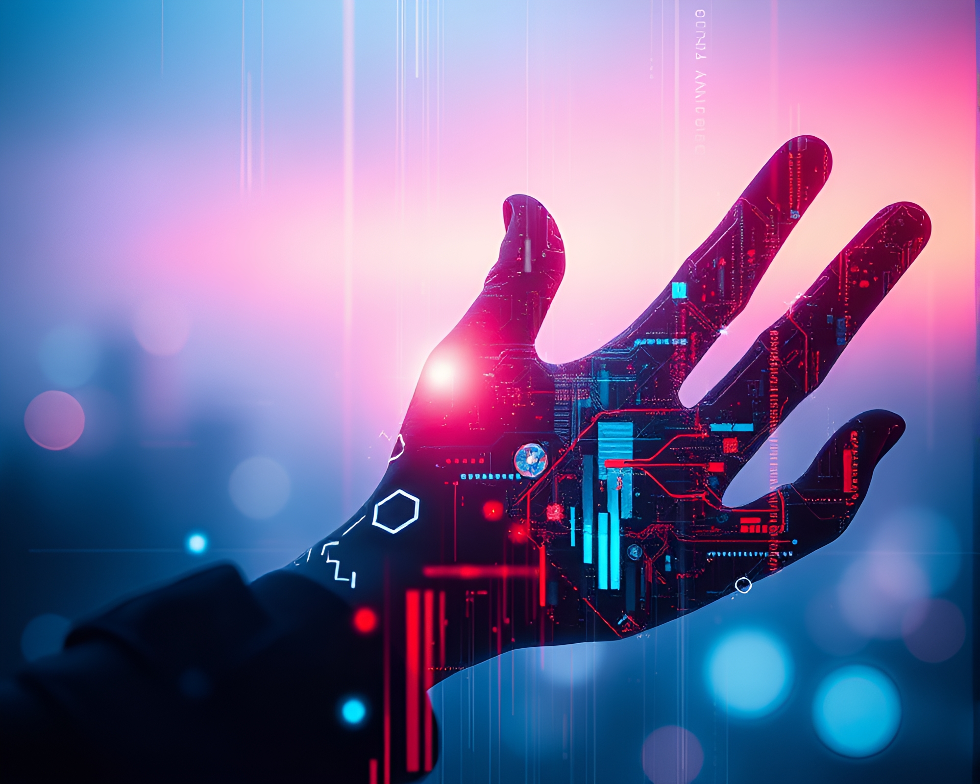 Cybernetic Hand in Digital Twilight Glitch Art Composition – free AI stock image