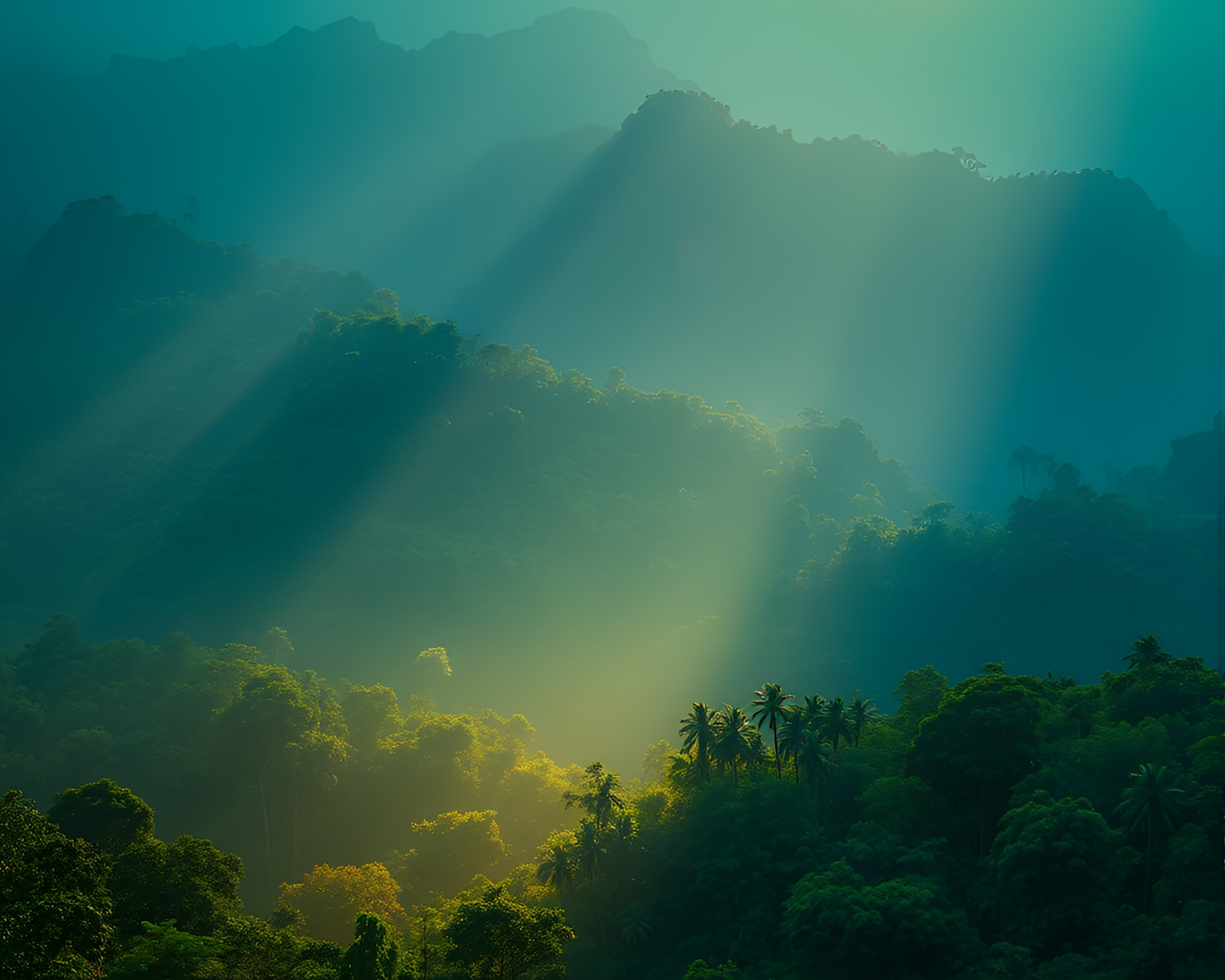 Valley Sunset with Rainforest Green Haze and Blue Hour Lighting – free AI stock image