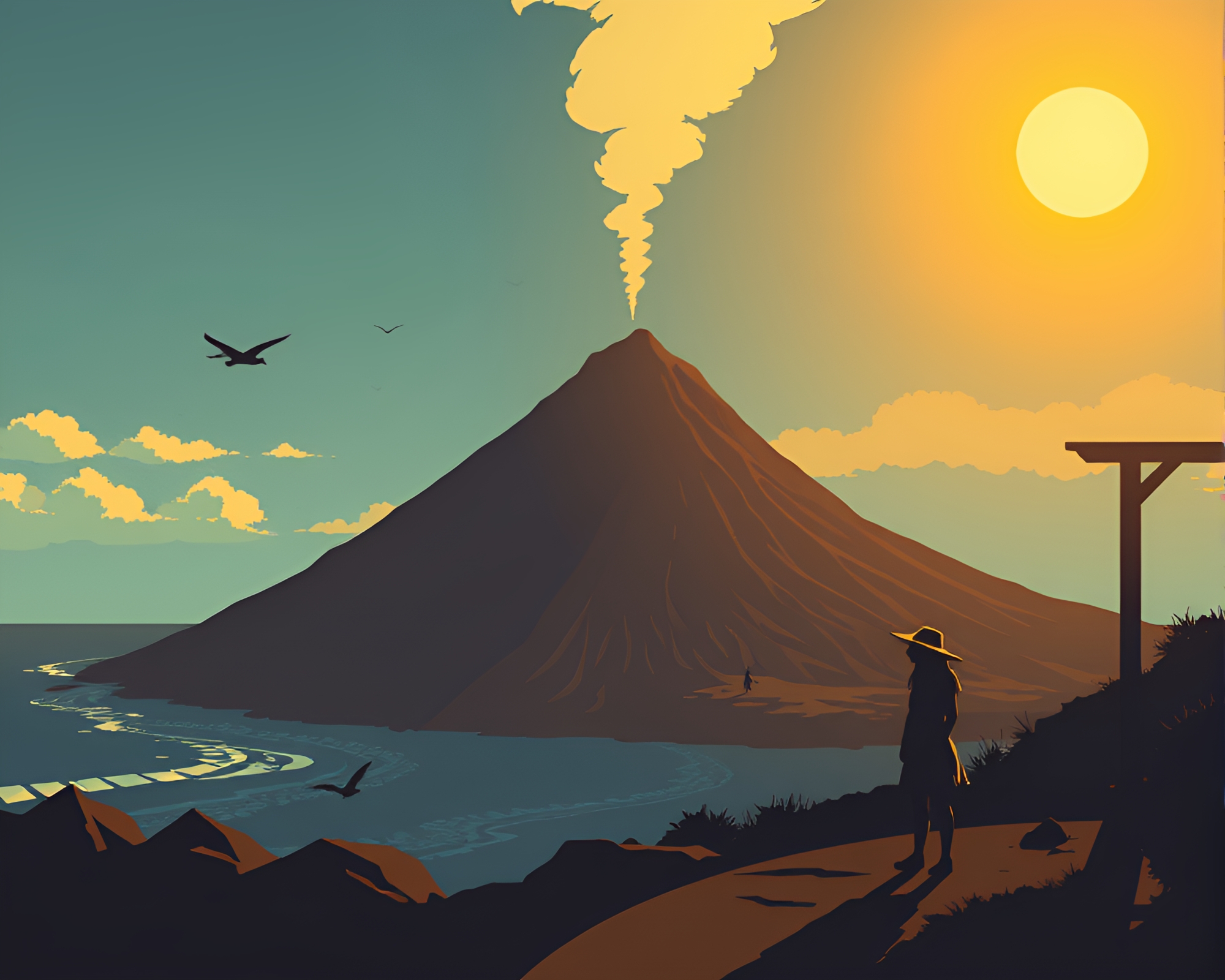 Volcanic Island Shadow Silhouette Fashion Illustration – free AI stock image