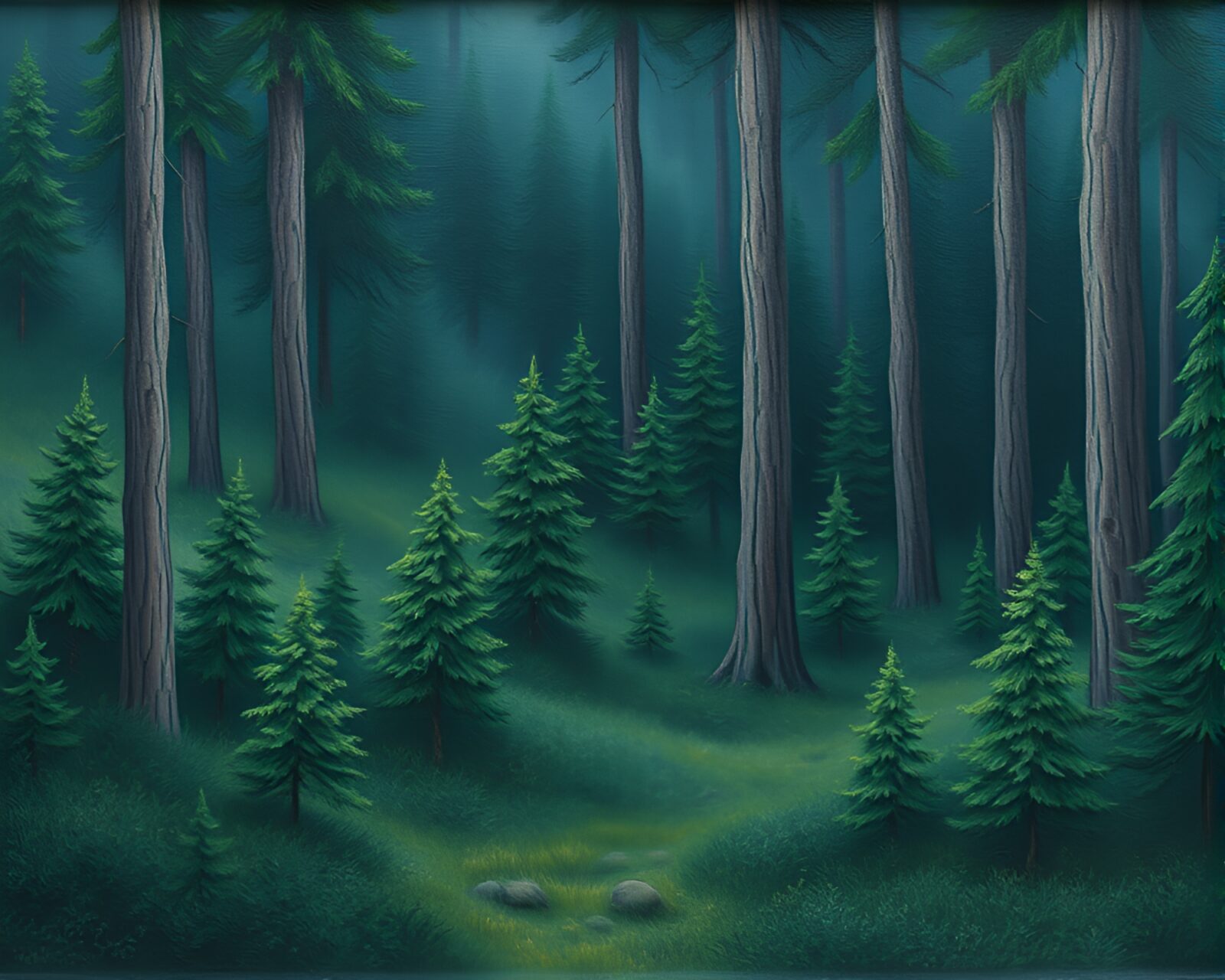Oil impasto ridges in a dreamy forest landscape.