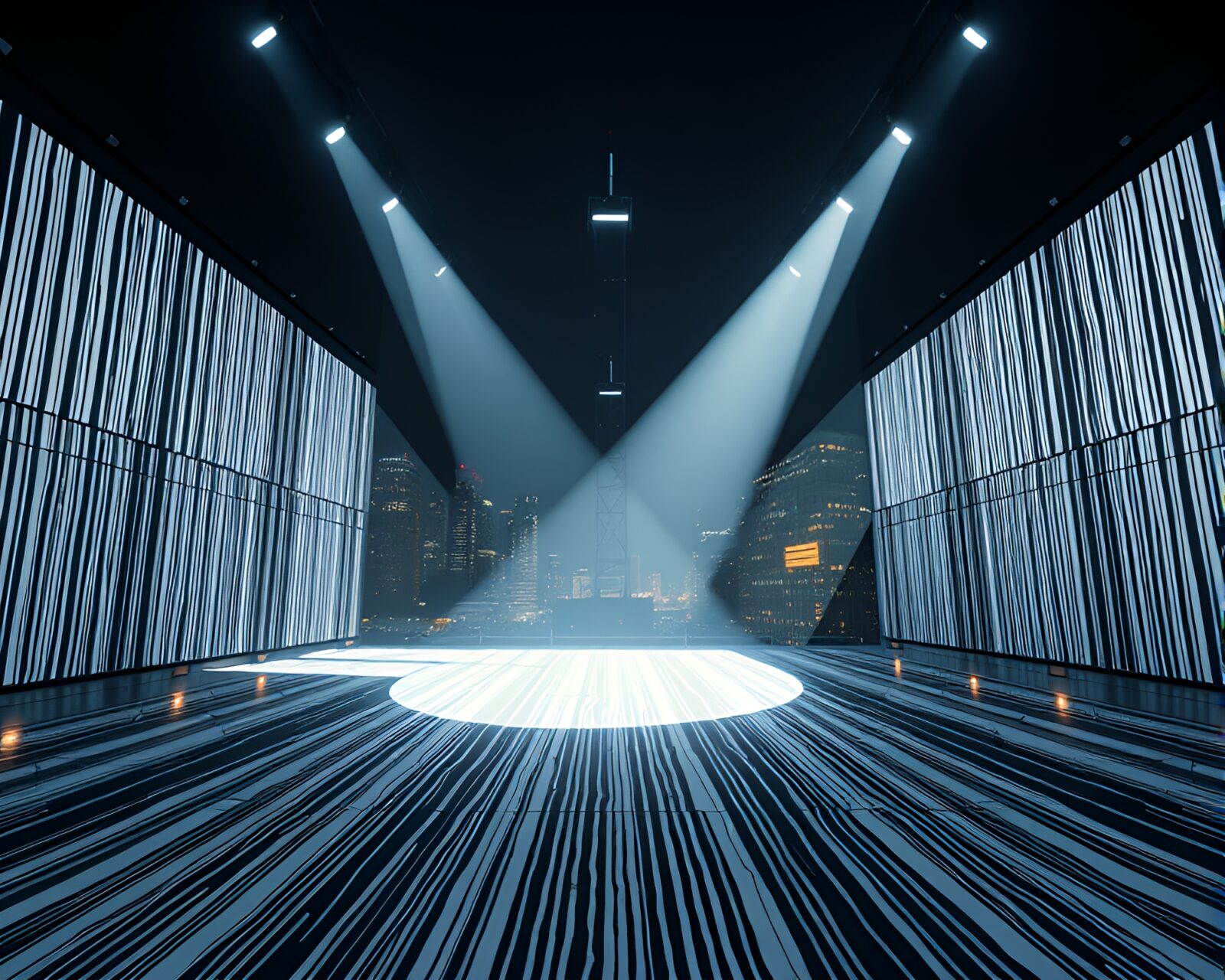 Sleek skyscraper with glowing barcode stripe under stage spotlight