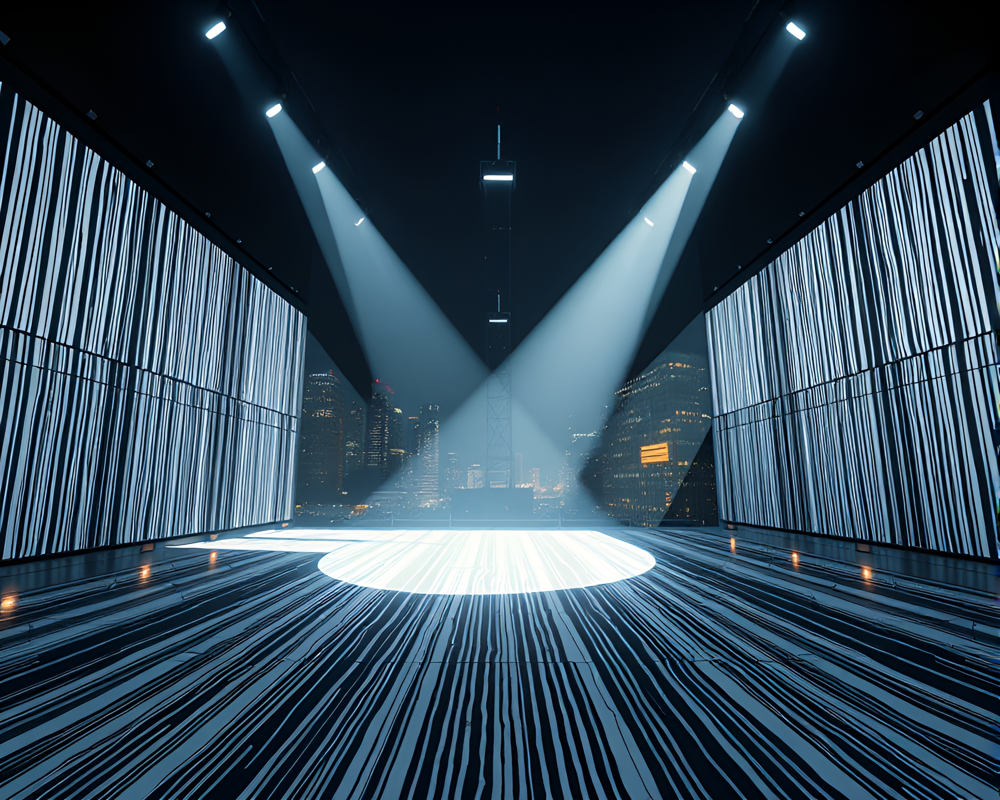 Futuristic Barcode Skyscraper Illuminated by Stage Spotlight – free AI stock image