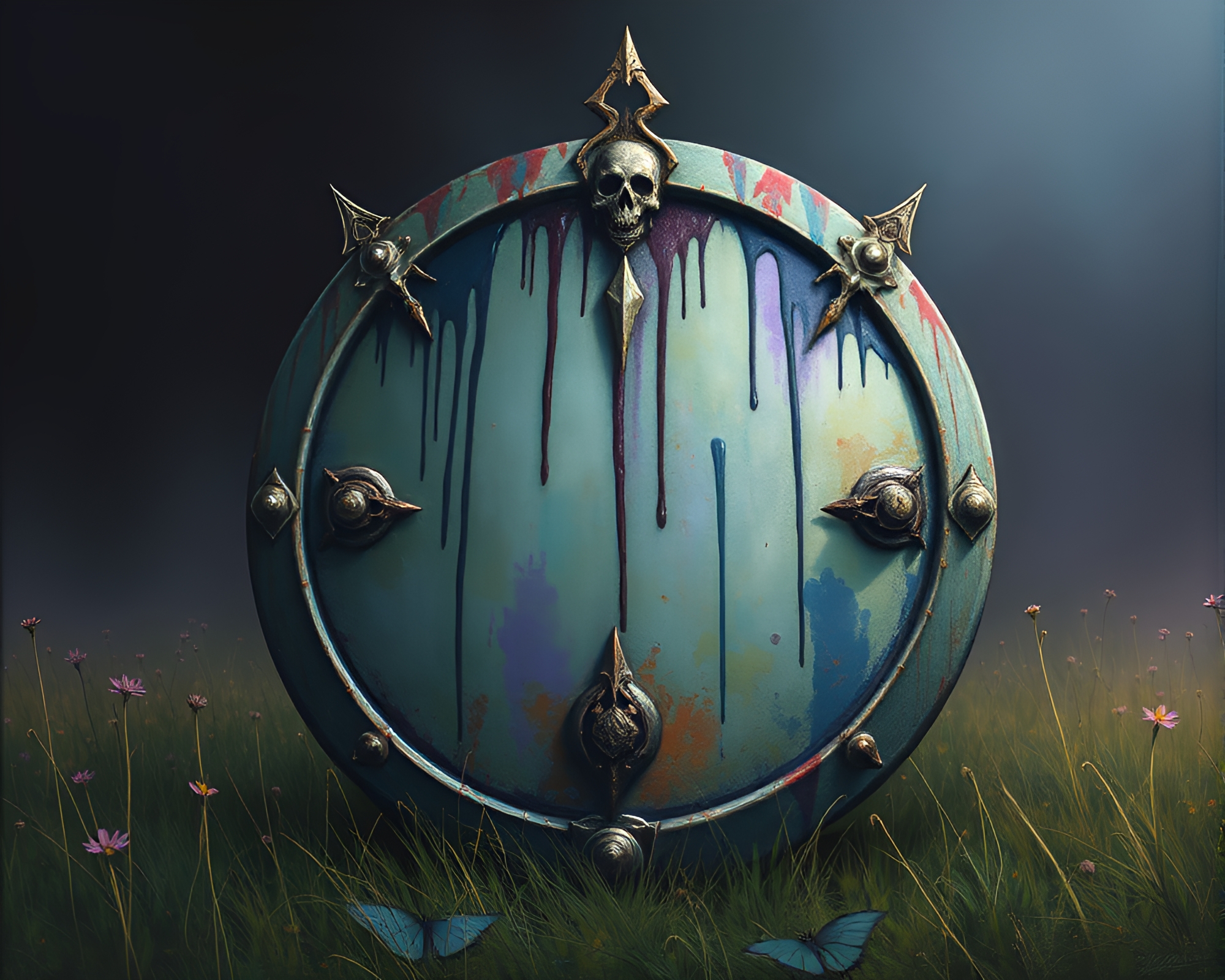 Necromantic Shield: A Color Field of Dripping Paint – free AI stock image