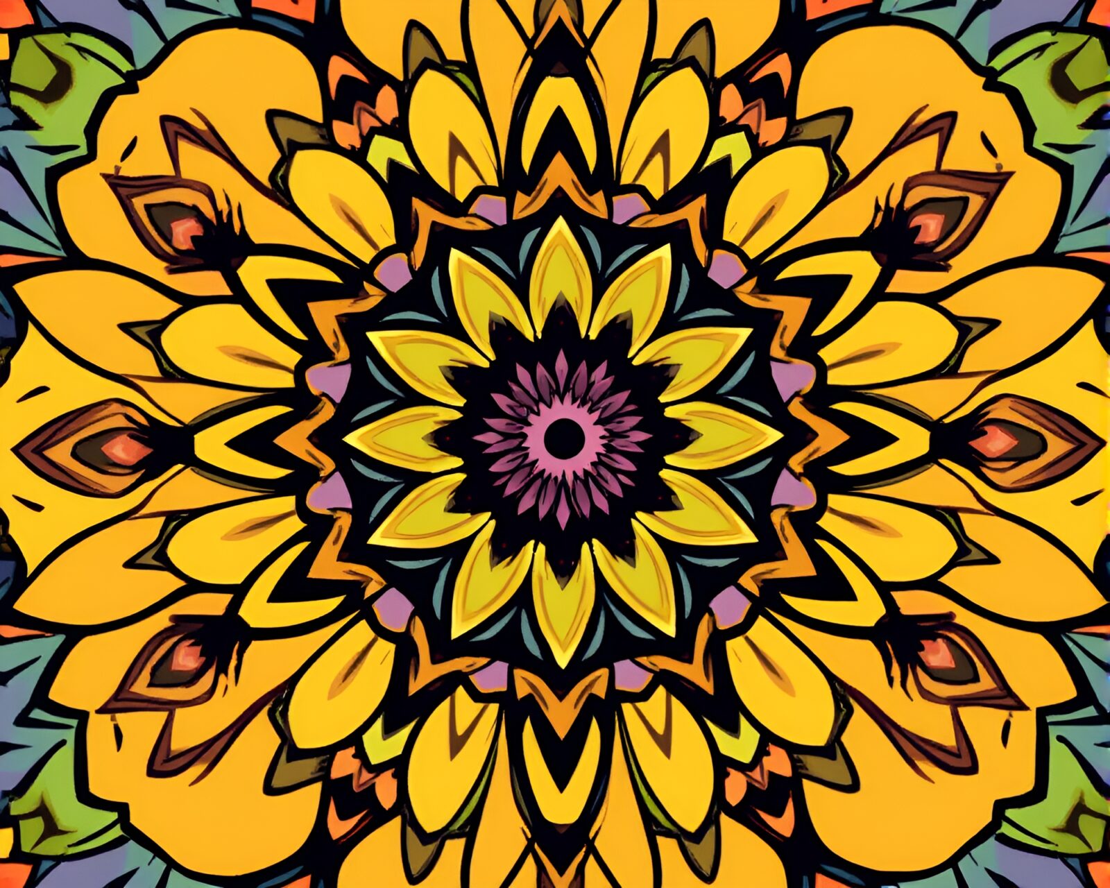 Vibrant and intricate cartoon mandala design, close-up view.