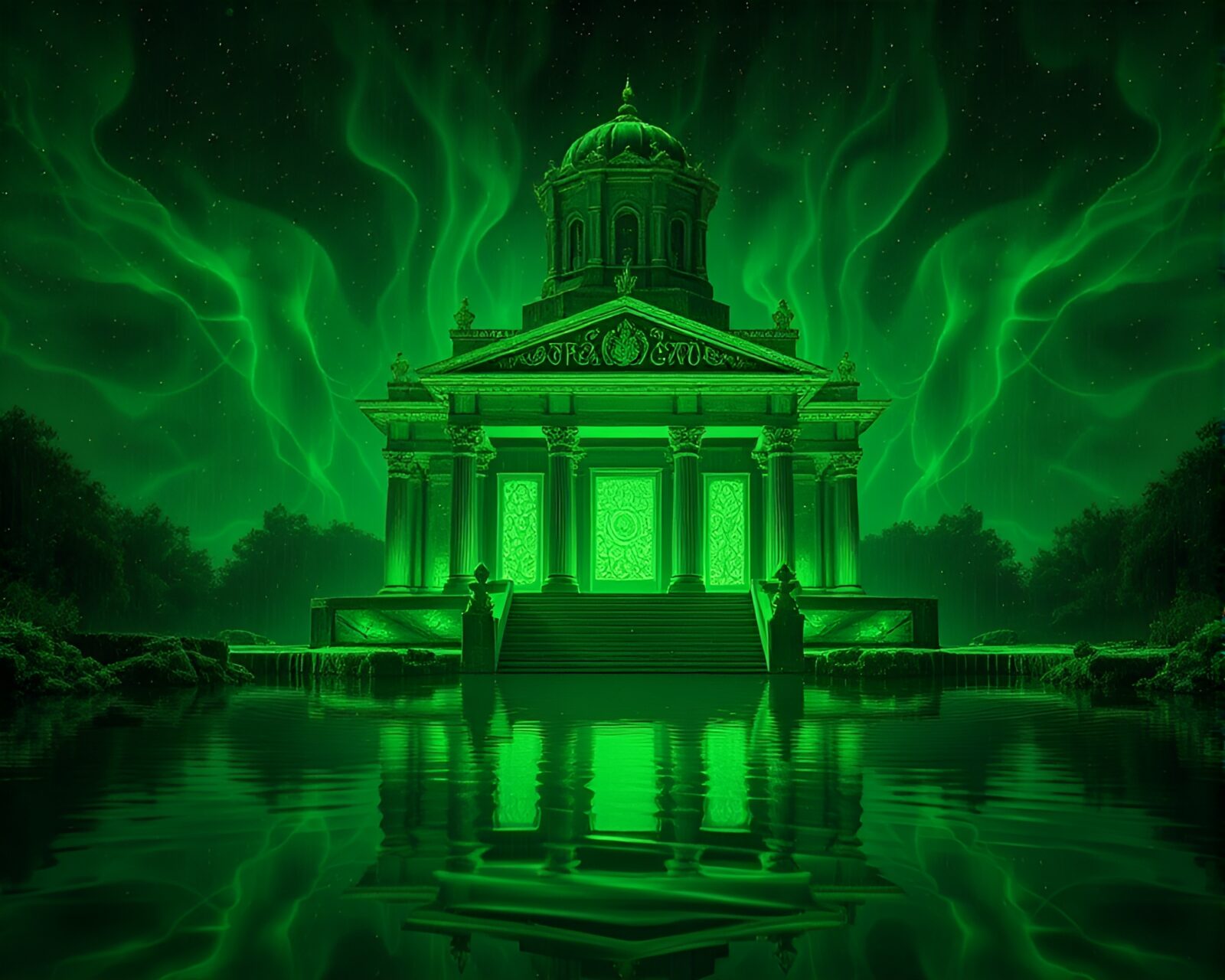 Surreal temple scene with green water droplets, neural style transfer