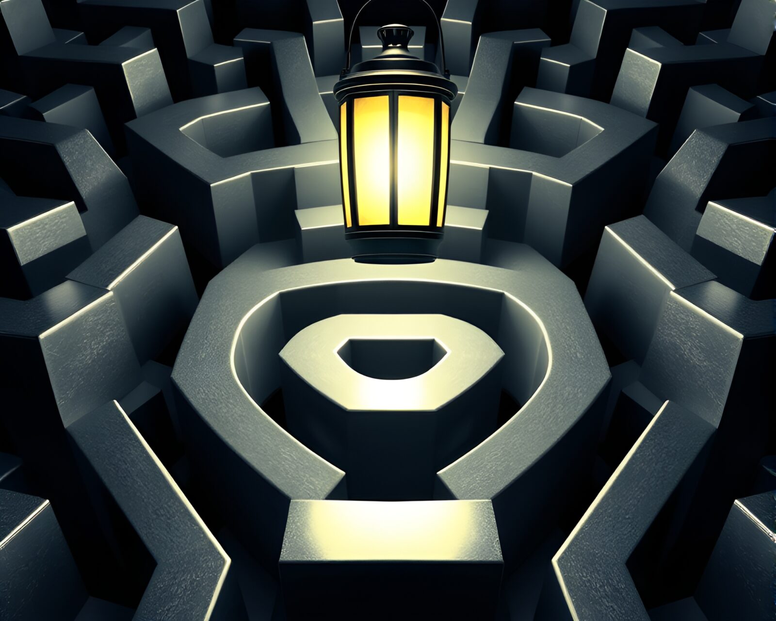 Checkered patterned maze reflecting lantern light, technical illustration