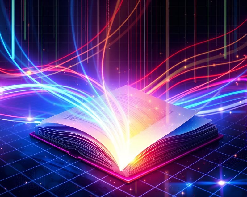 Futuristic Enchanted Book Grid Overlay with Light Streaks – free AI stock image
