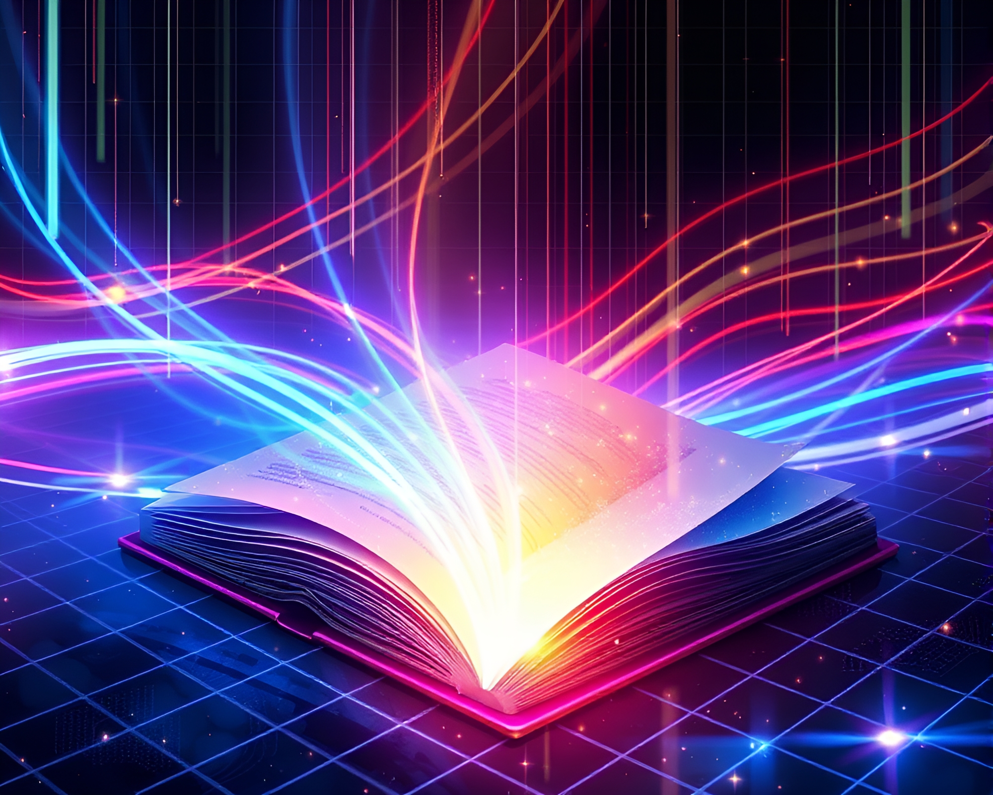 Futuristic Enchanted Book Grid Overlay with Light Streaks – free AI stock image