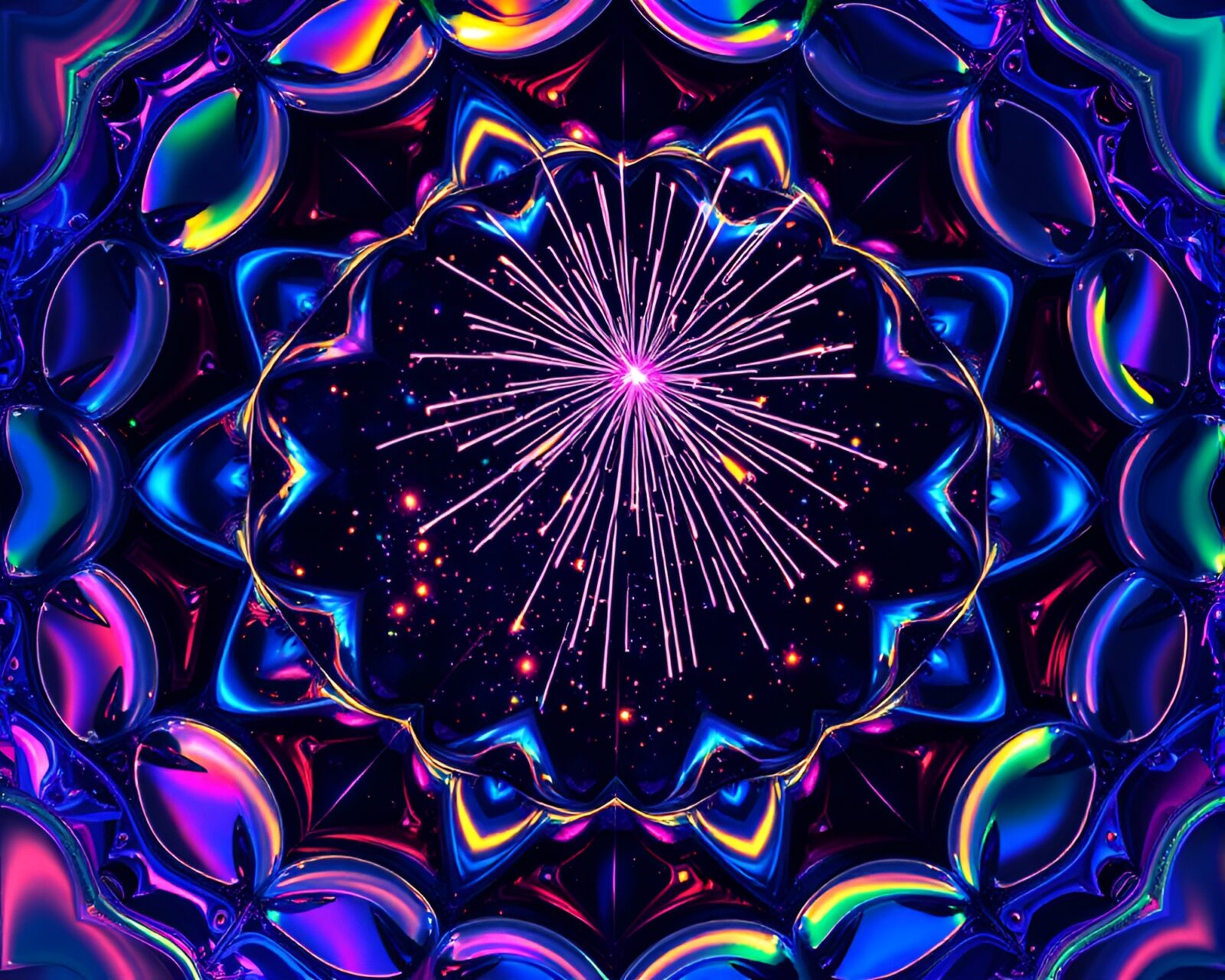 Trippy festival fireworks glow on tessellated soap film iridescence.