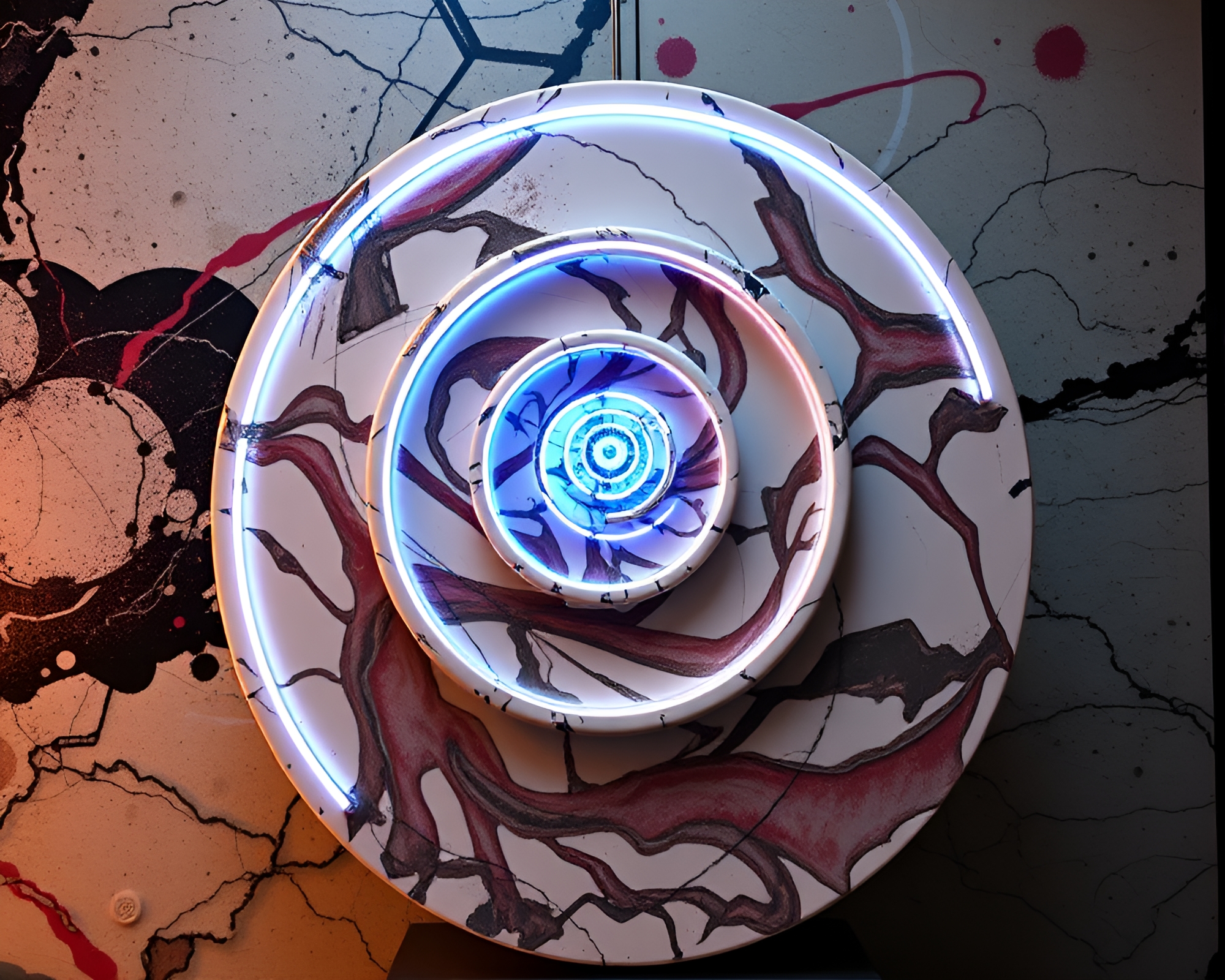 Fibonacci Spiral Marble Sculpture Amid Neon Graffiti – free AI stock image
