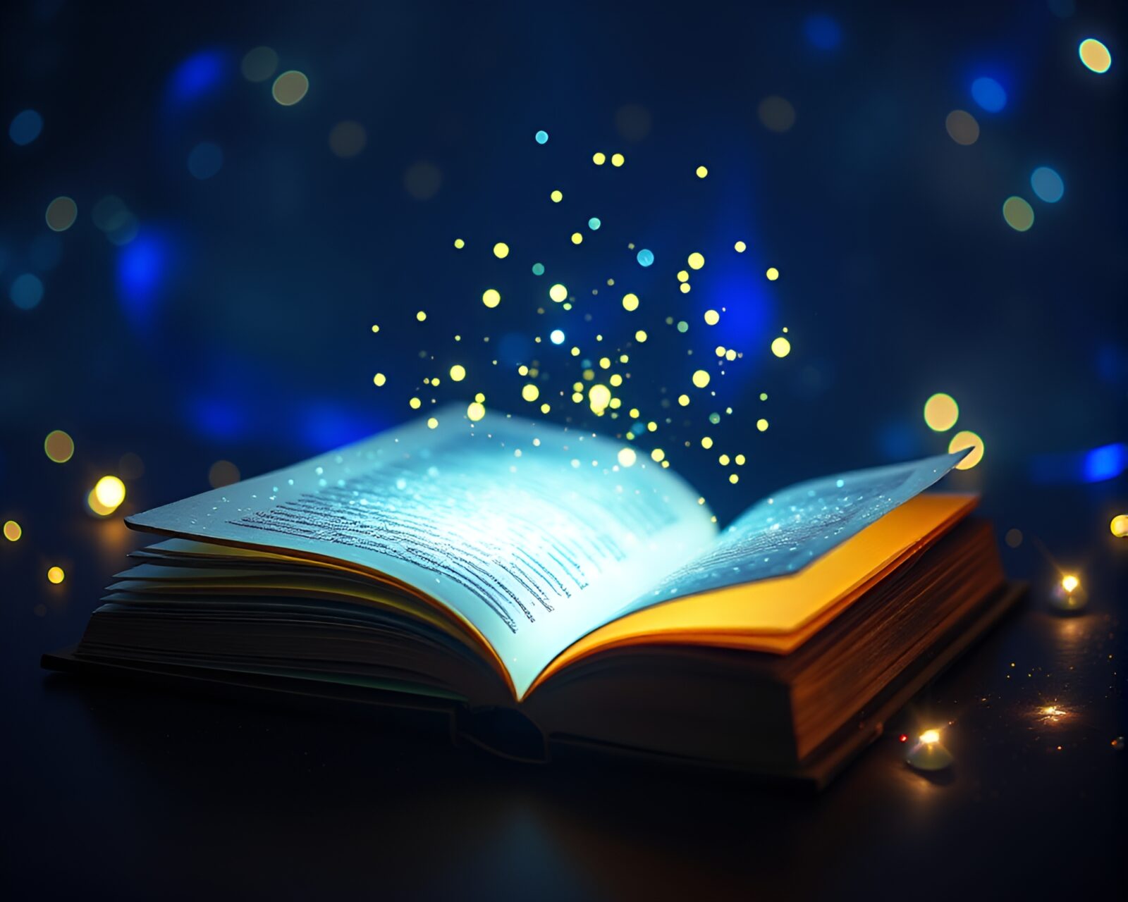 Wide-angle photo of mystical book amidst glowing paper fragments