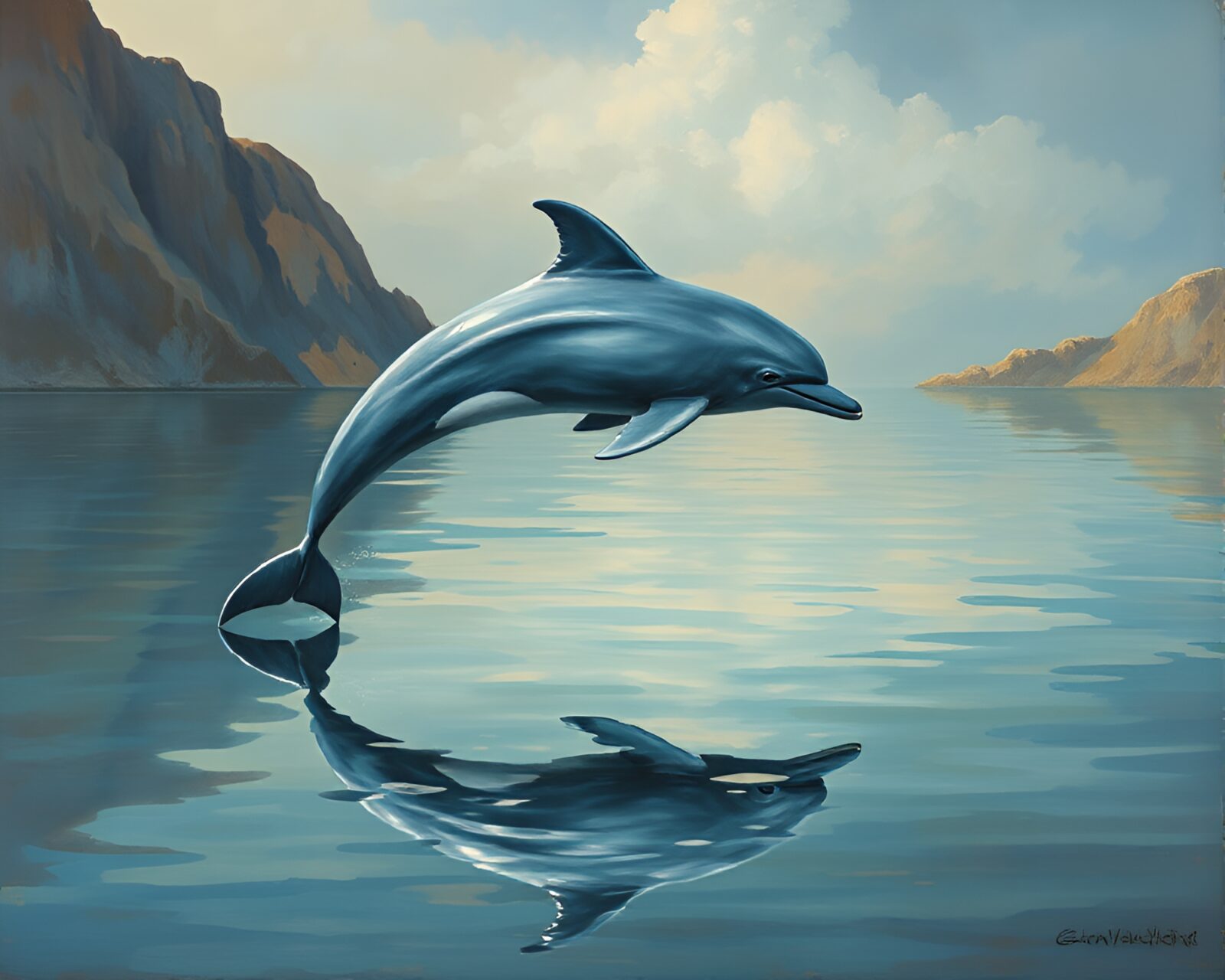 Faded denim look fresco art featuring Amazon river dolphin