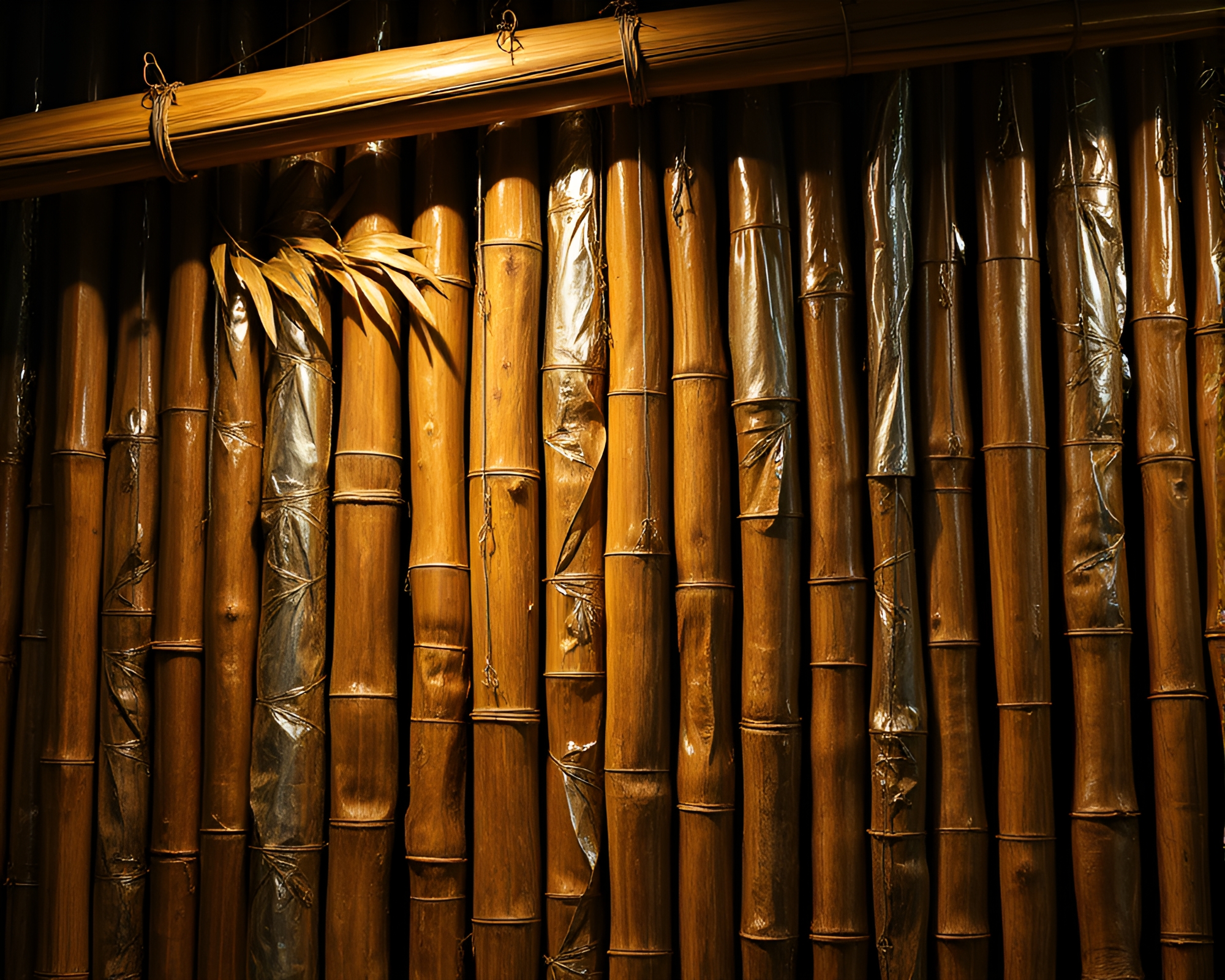 Bamboo Hut Illuminated with Silver Leaf Accents in Theatrical Lighting – free AI stock image