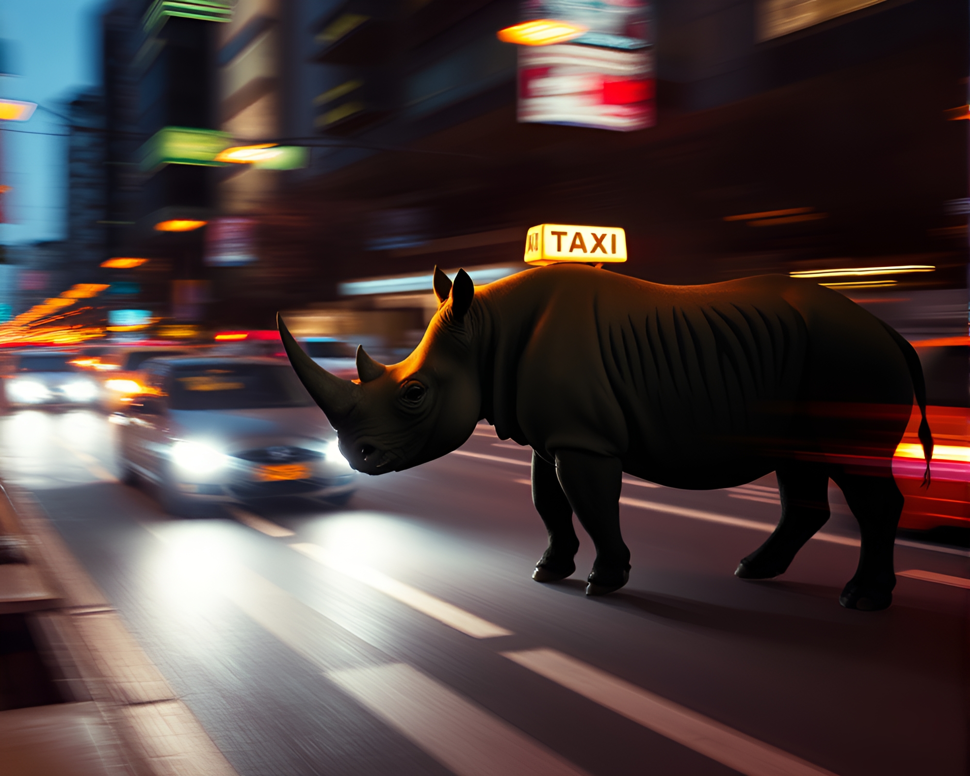 Futuristic Taxi Encounter with Rhino in Blur Streaks – free AI stock image