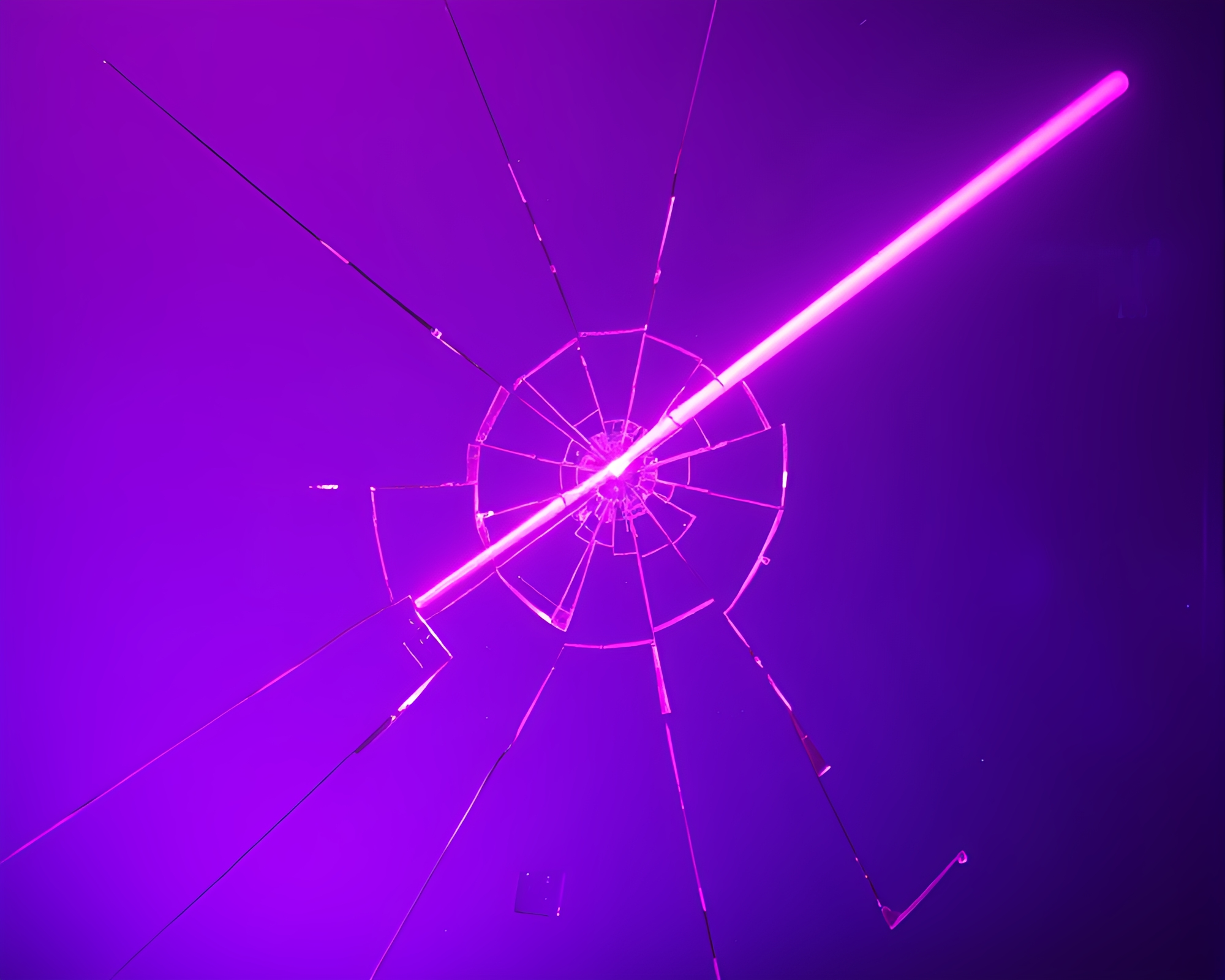 Twilight Surrealism: Laser Sword Reflection in Broken Glass – free AI stock image