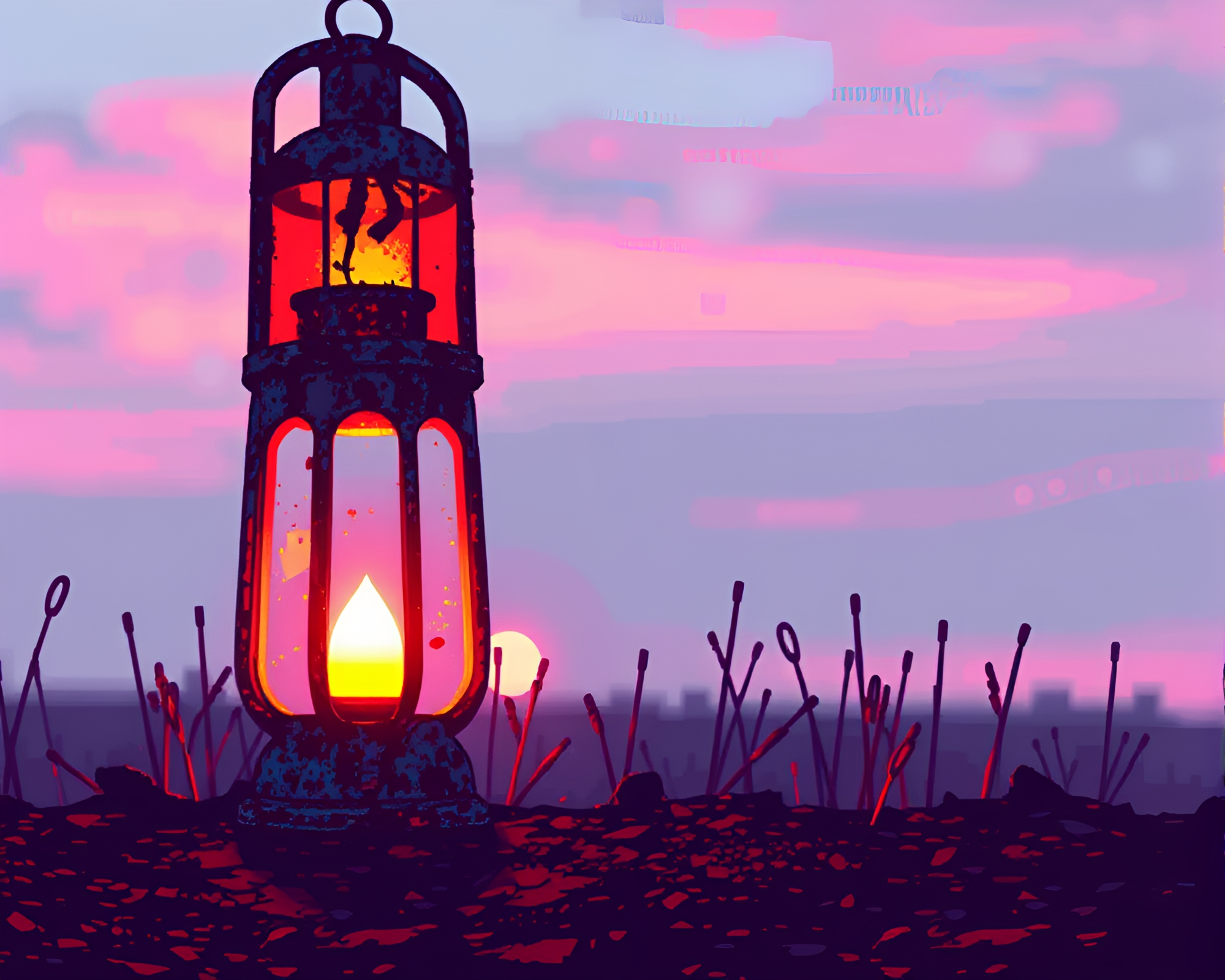 Sunrise Glow Over Rusty Lantern Pixel Art – free AI stock image