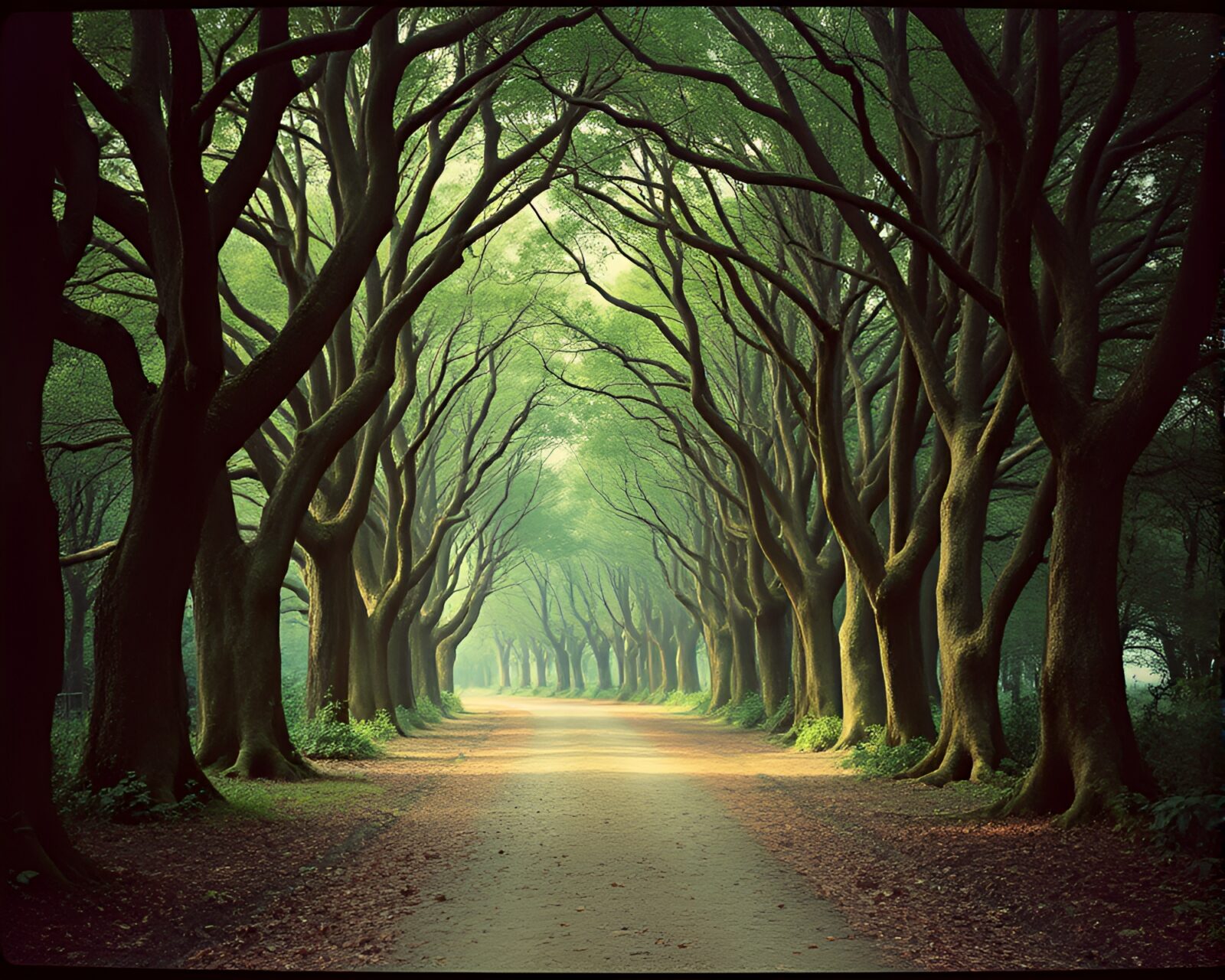 Ancient grove mural with earth tone retro film grain