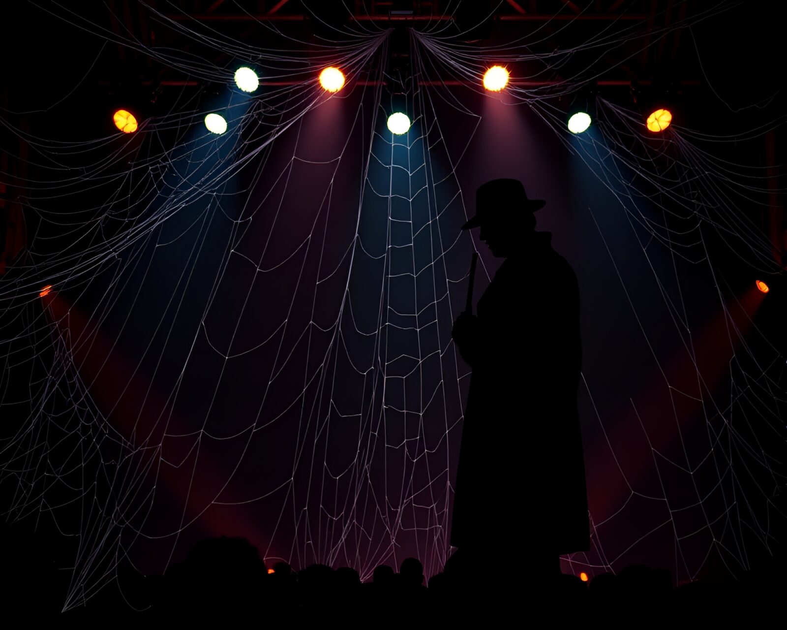 Stereoscopic silhouette of Sherlock Holmes in vibrant concert lights.