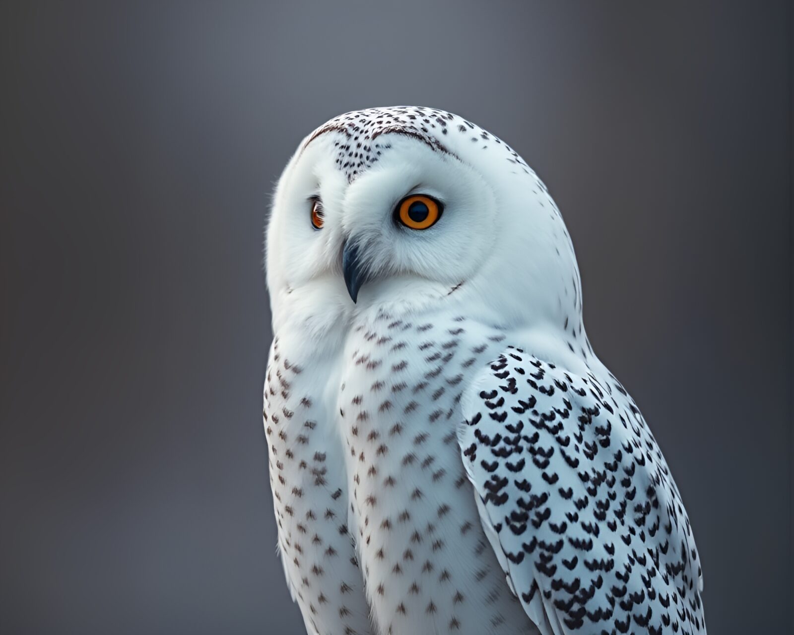 Detailed close-up of a snowy owl in earthy tones.