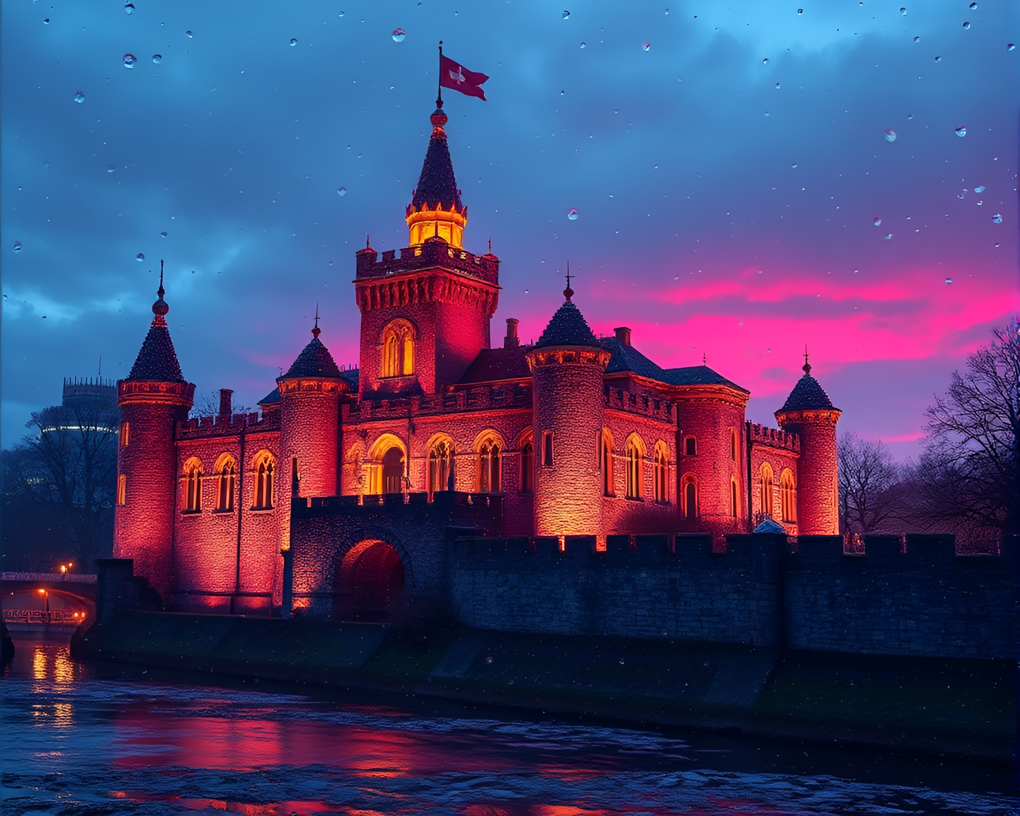 Majestic Castle Reflecting in Raindrop-Covered Glass – free AI stock image