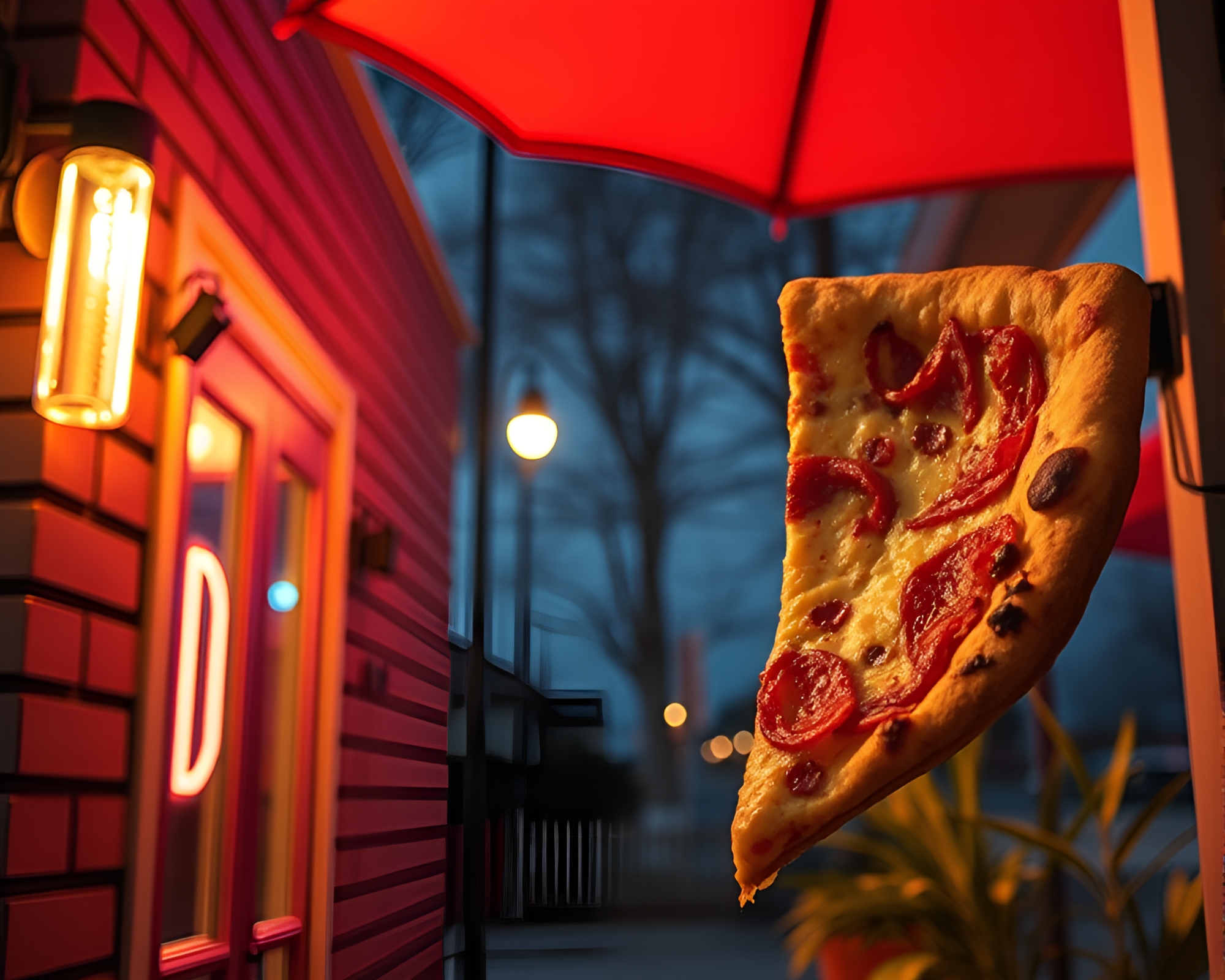 Neon-lit Pizza Slice under Porchlight Glow – free AI stock image