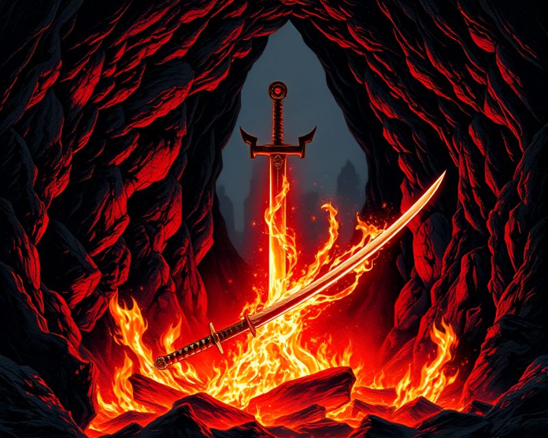 Samurai Warrior in Cave with Floating Embers – free AI stock image