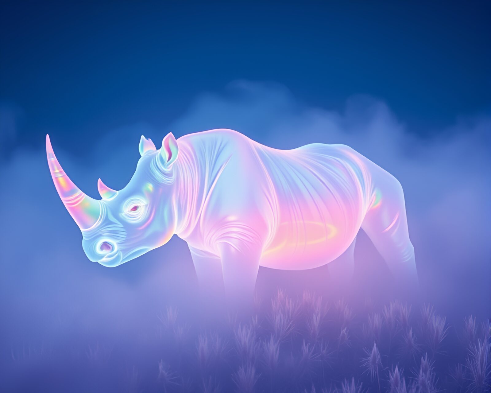 Glowing soap film-coated rhinoceros in infrared light at dawn
