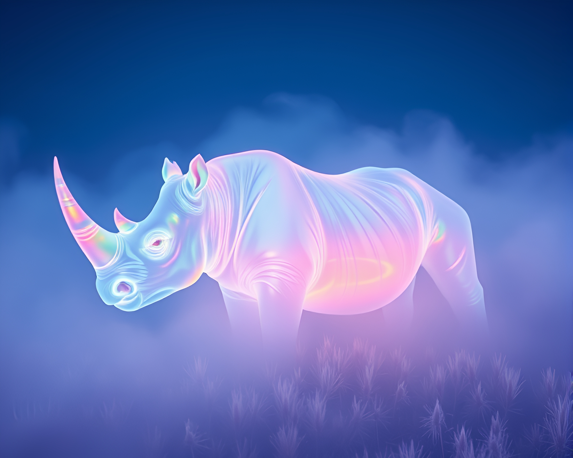Iridescent Rhinoceros in Dawn Mist – free AI stock image