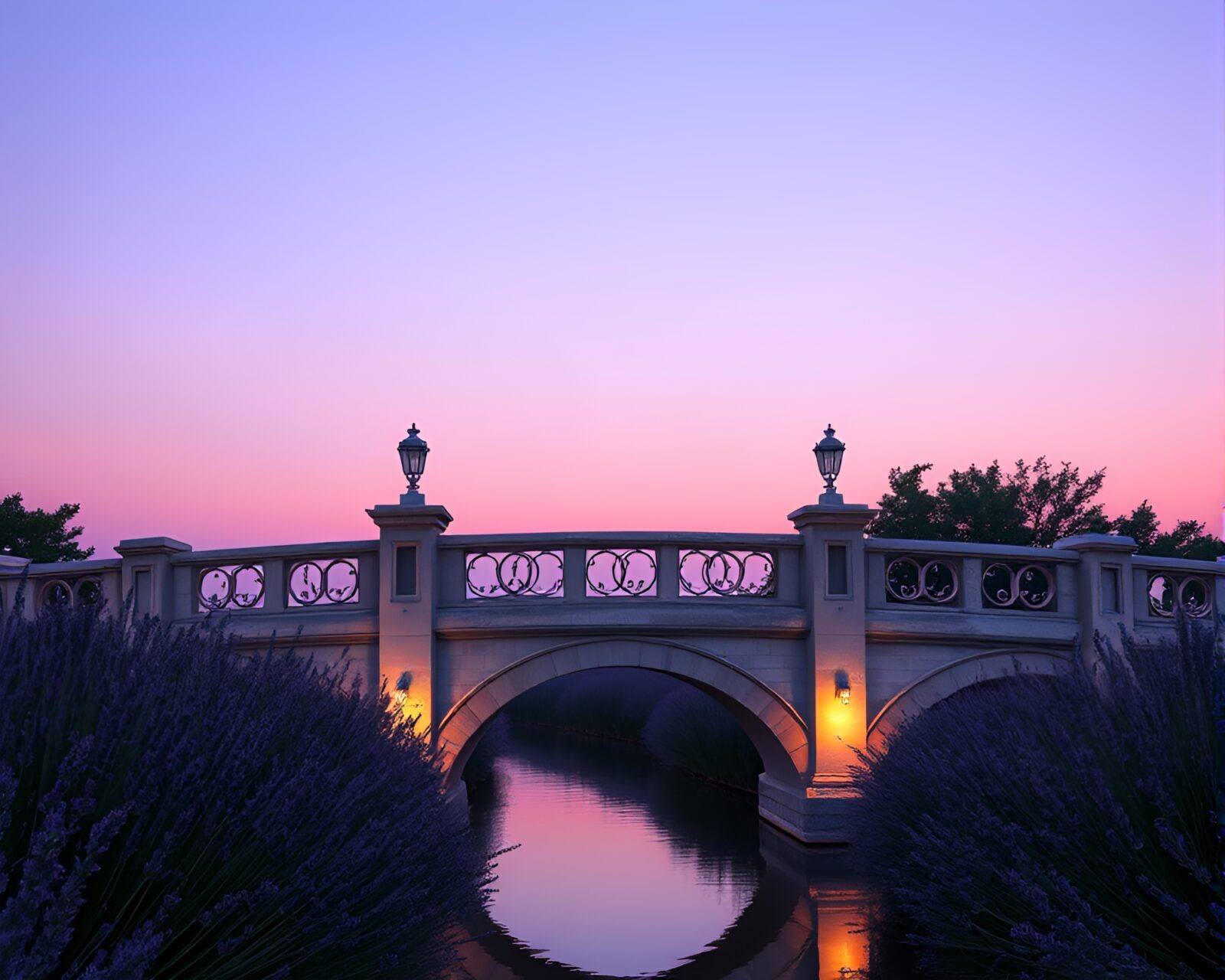 Serene bridge bathed in lavender twilight under utopian architecture