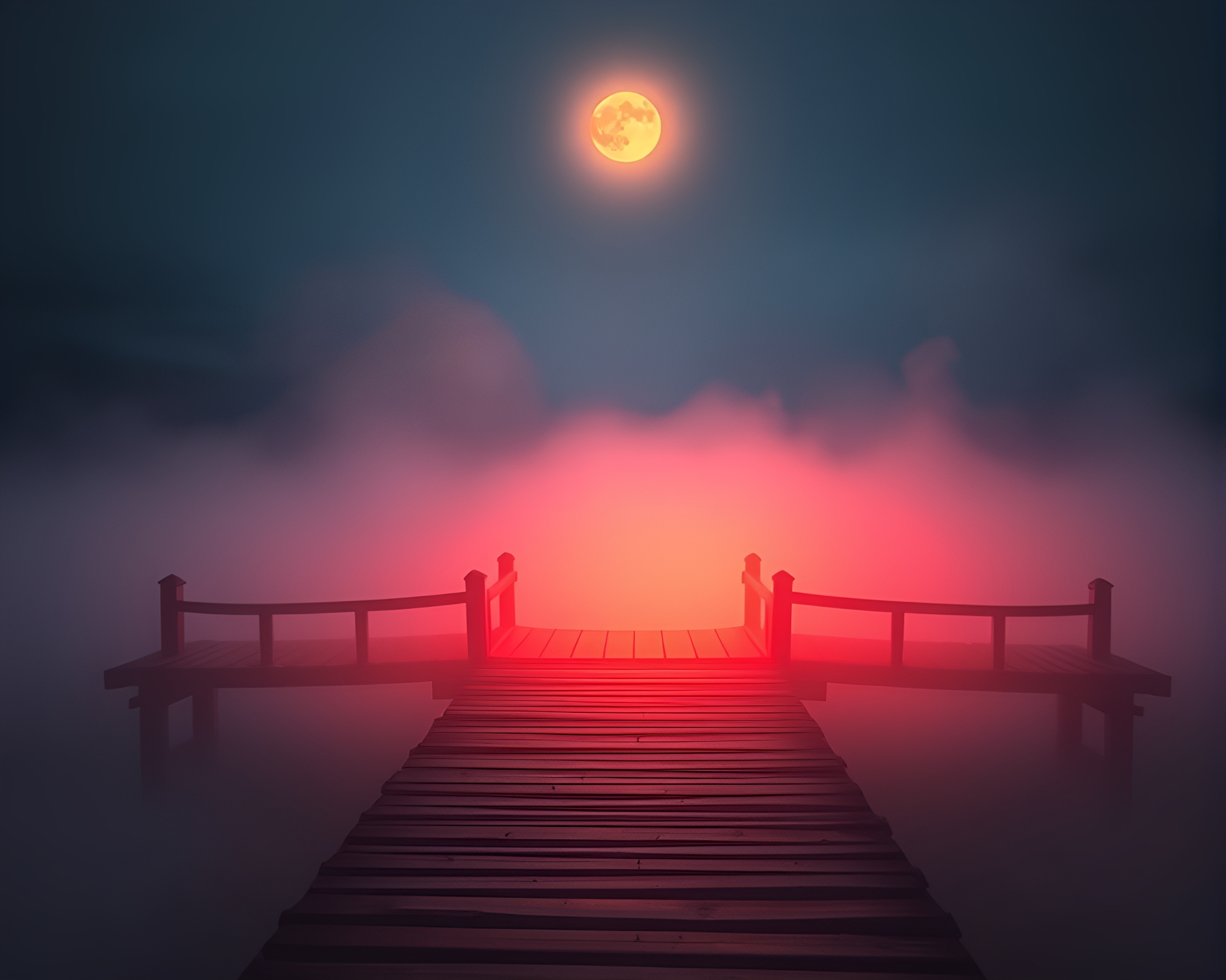 Mystical Wooden Bridge Through Origami Fog Banks – free AI stock image
