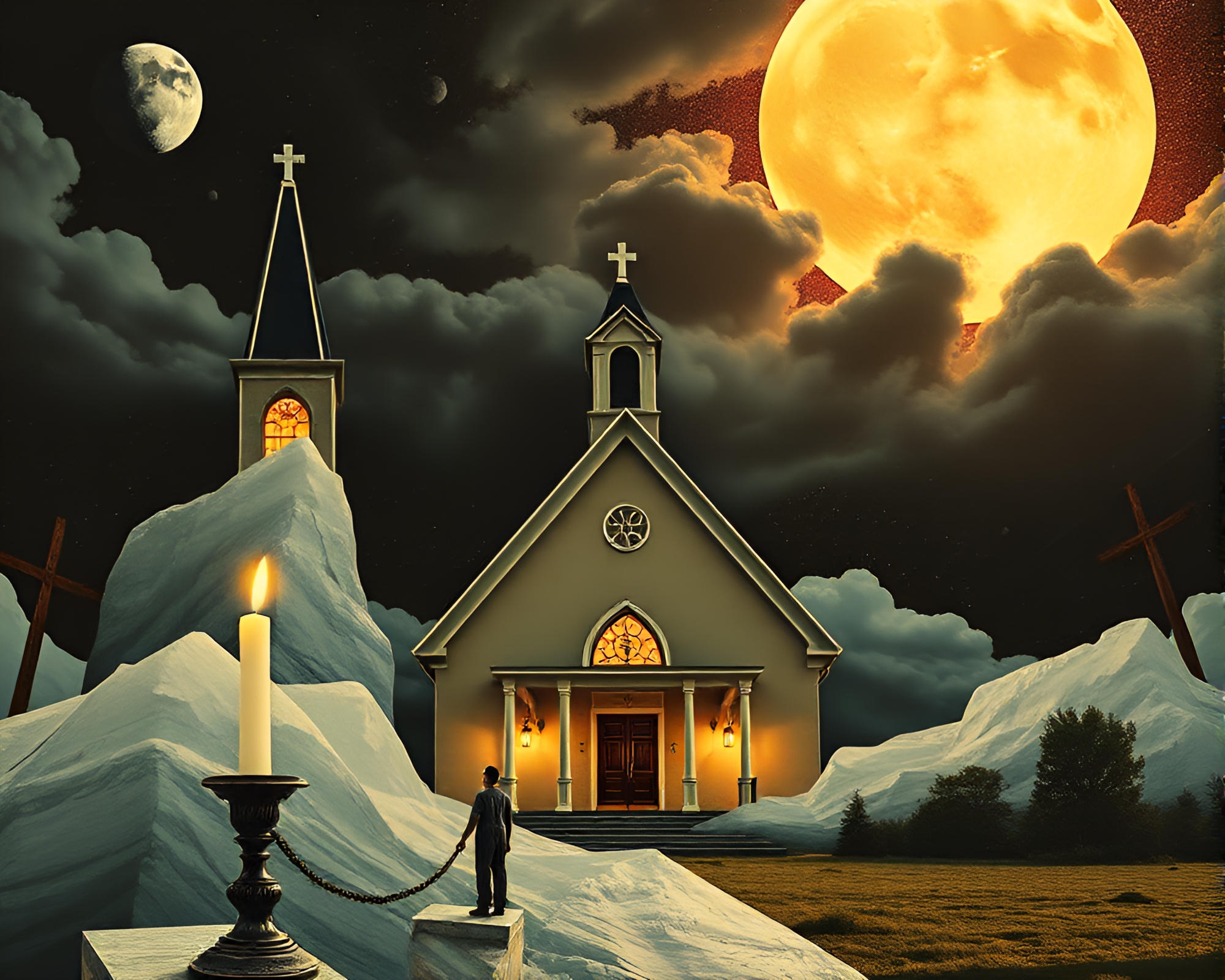 Surreal Dreamscape: Church Candlelight Collage – free AI stock image