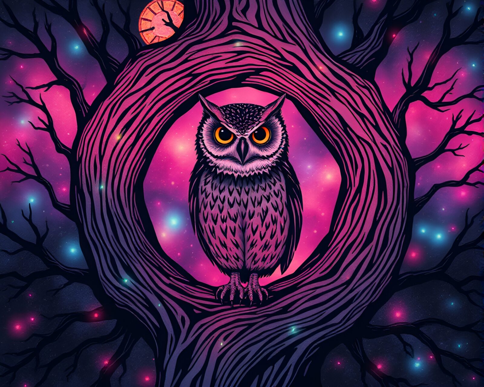 Grunge-style owl with mechanical details in vibrant aurora lighting