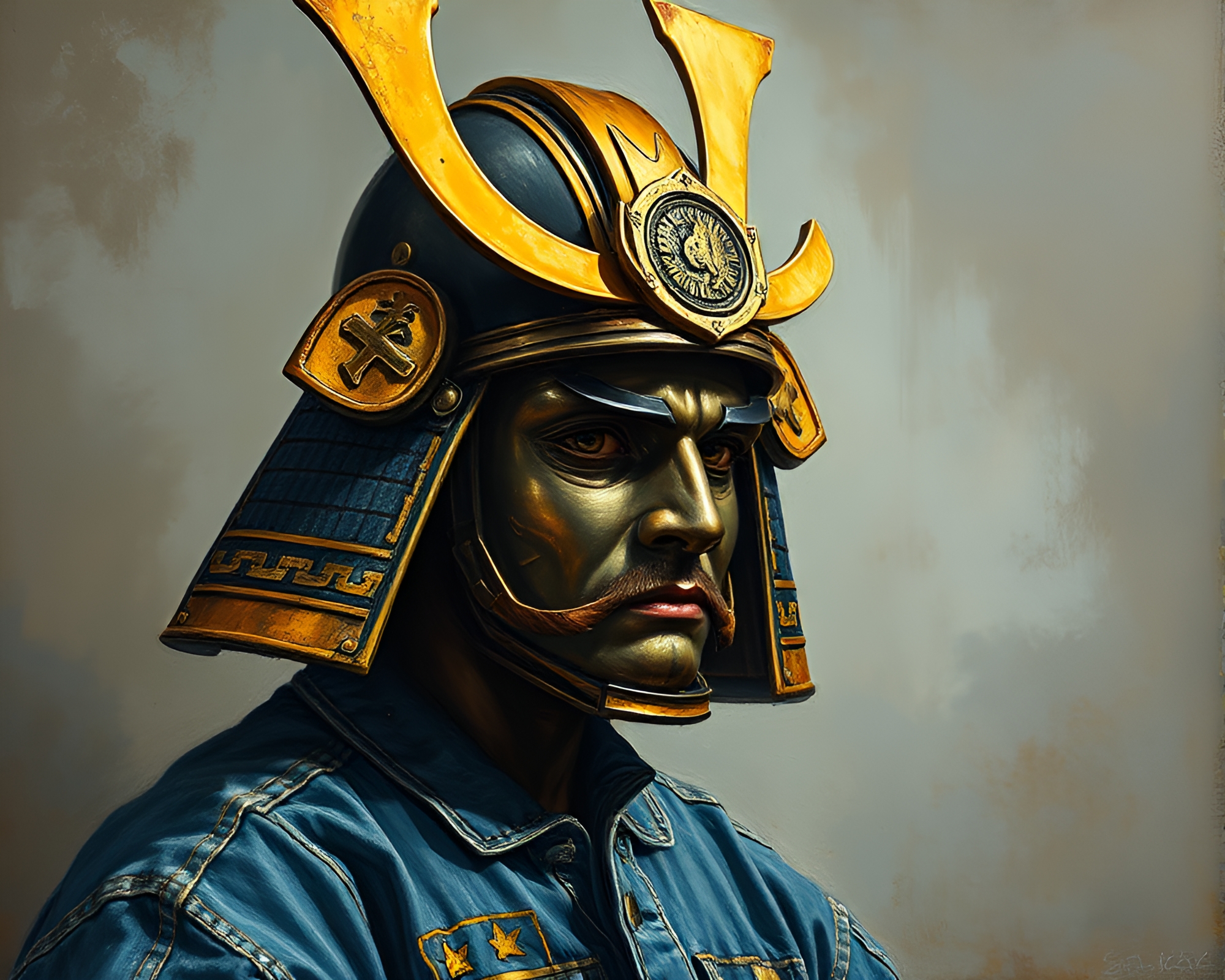 Samurai Helmet with Gilded Highlights in Faded Denim – free AI stock image