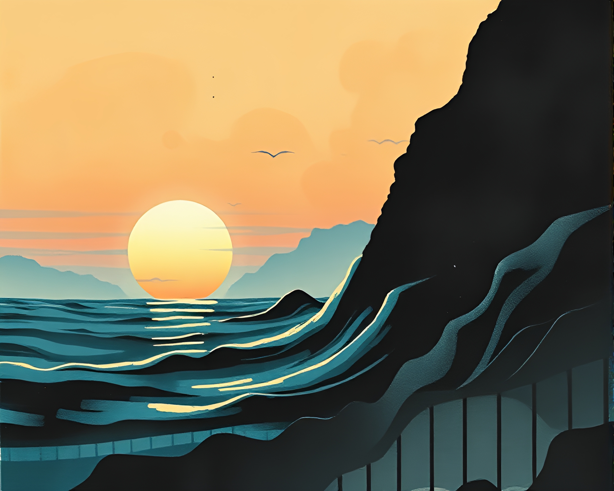 Retro Wave Dusk: Ink Wash Tattoo Flash Art – free AI stock image