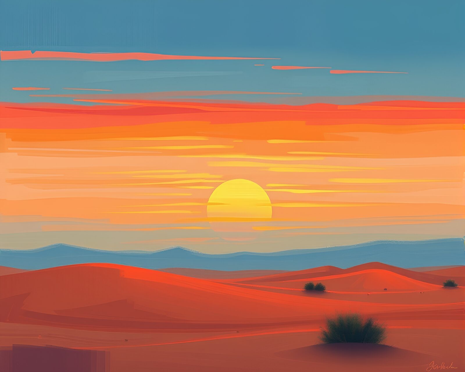 Algorithmic art of a serene desert at dusk