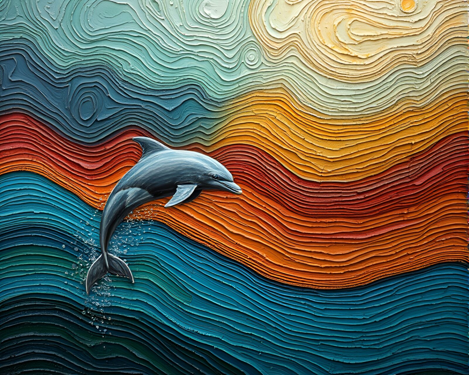 Vibrant oil impasto ridges depicting a mystical Amazon river dolphin