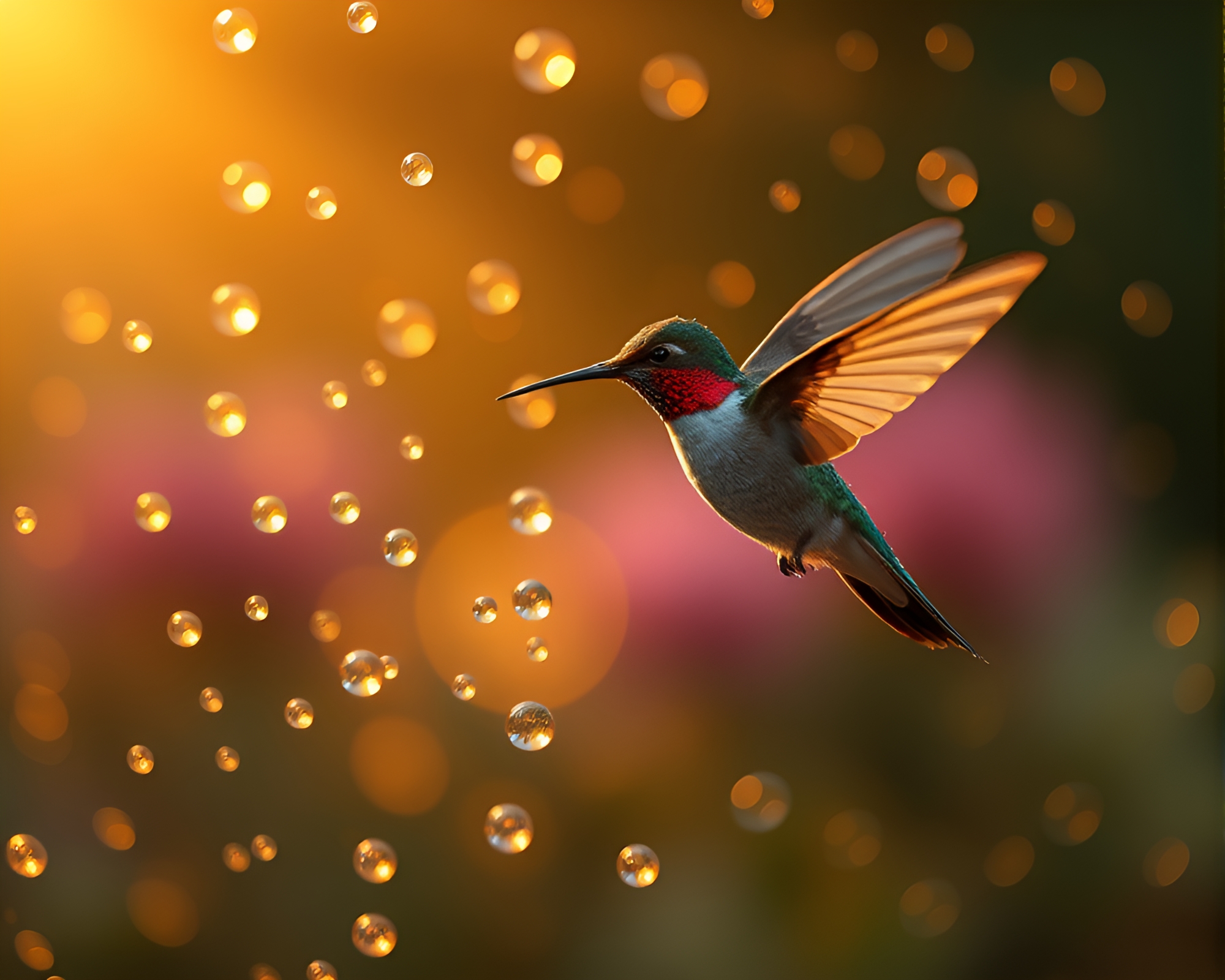 Morning Light Hummingbird Visiting Wet Glass Beads – free AI stock image