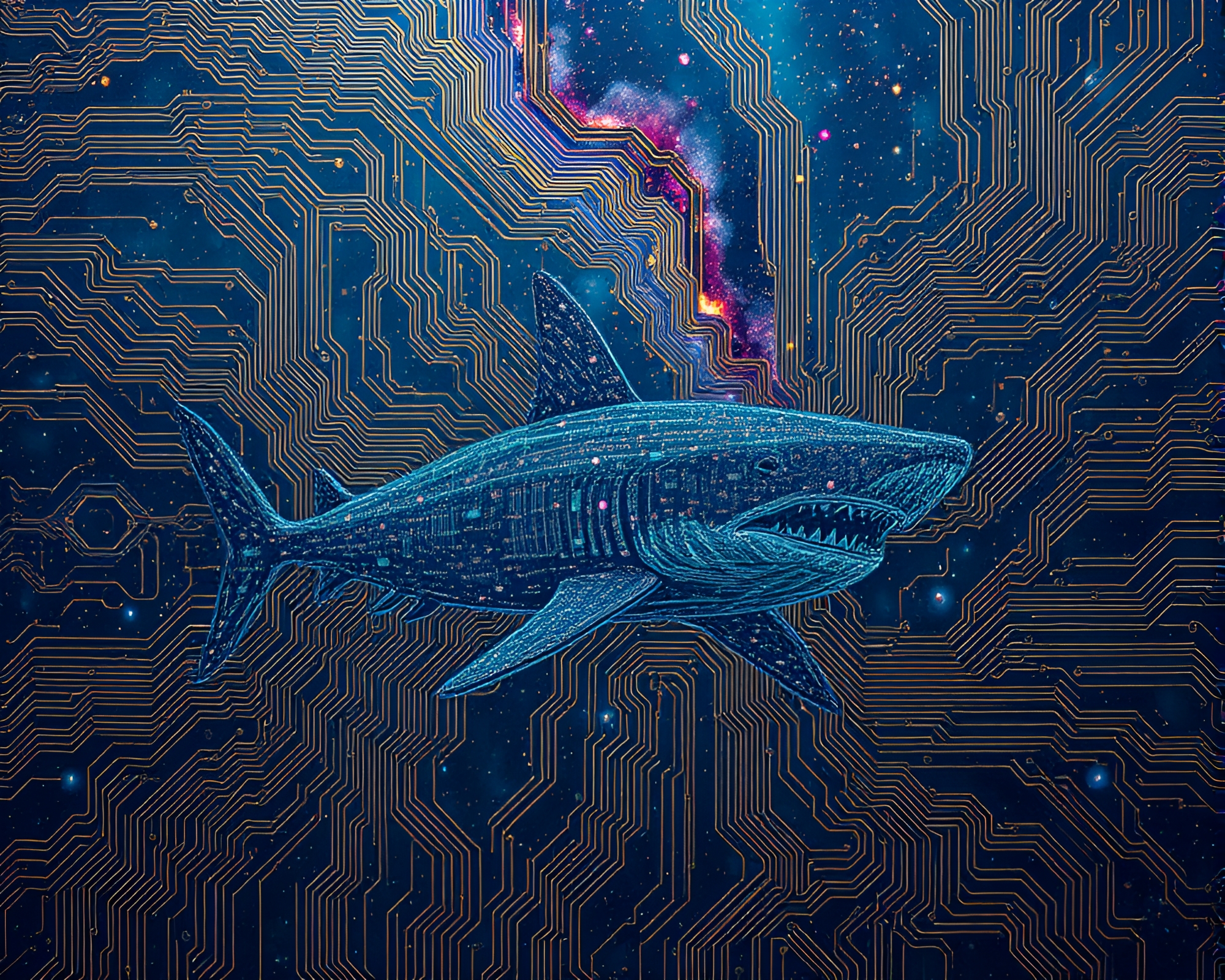 Shark-inspired Data Visualization on Milky Way Circuit Board – free AI stock image