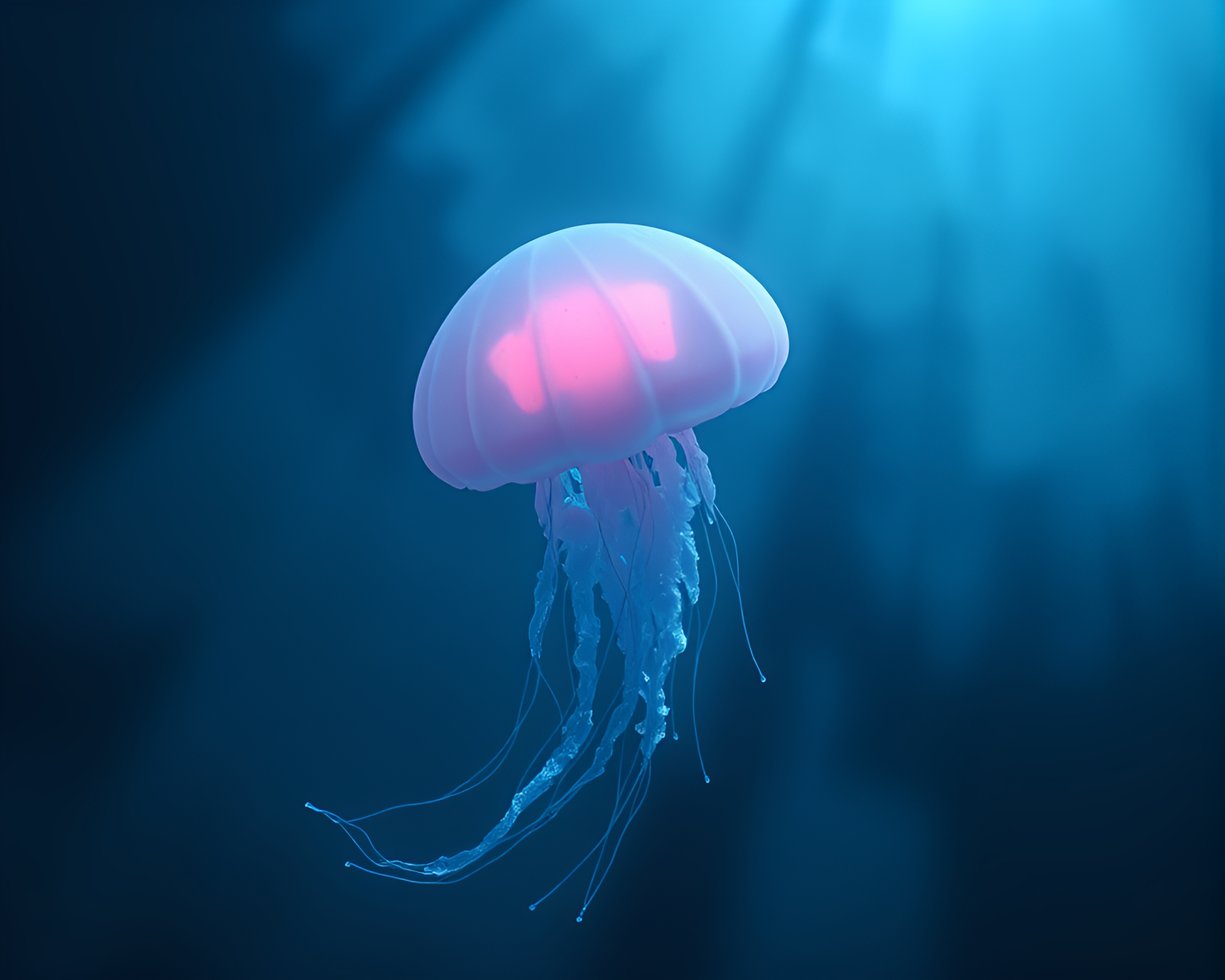 Bioluminescent jellyfish in foggy CGI shadow play – free AI stock image