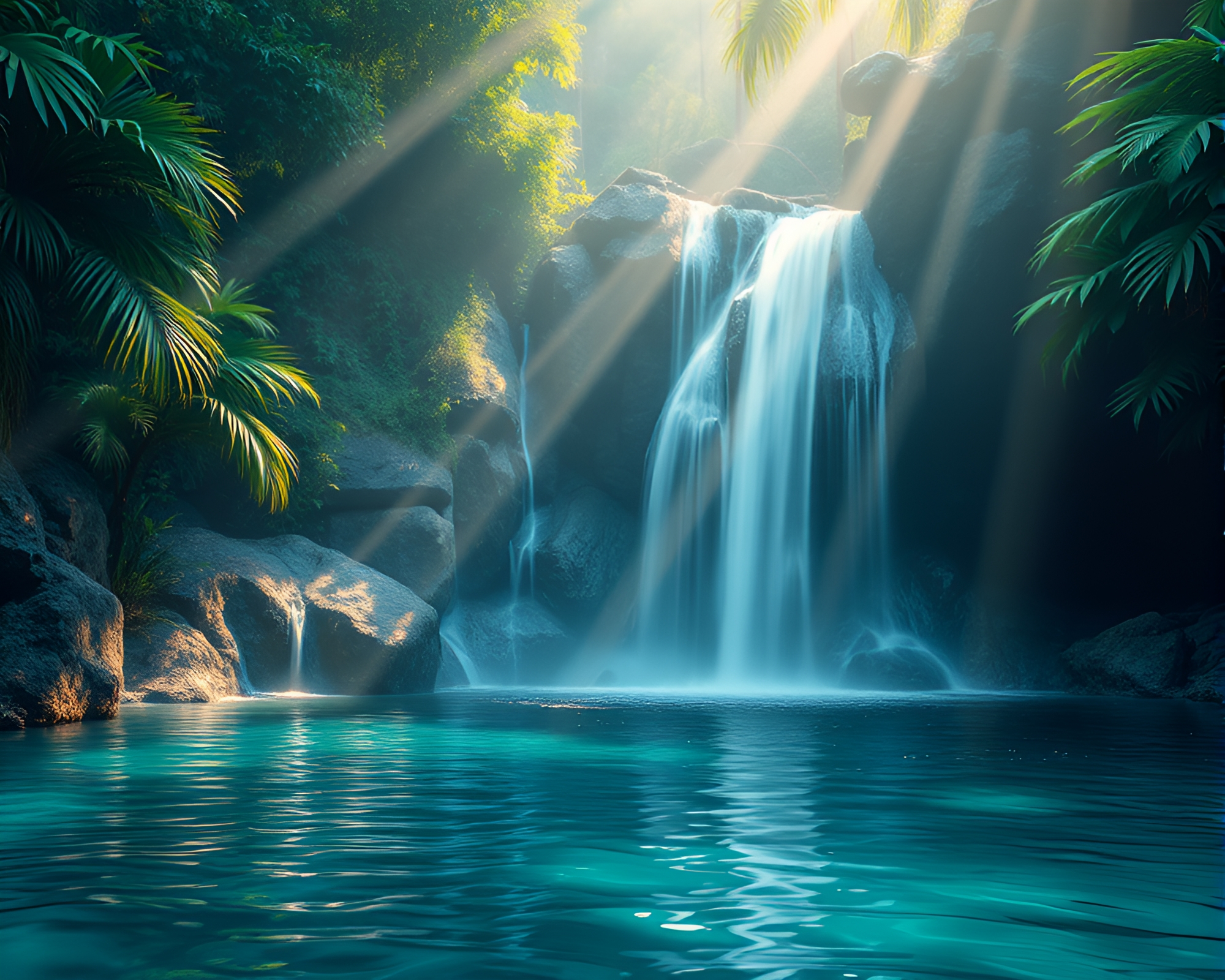 Tropical Waterfall with Floating Particles and Light Streaks – free AI stock image