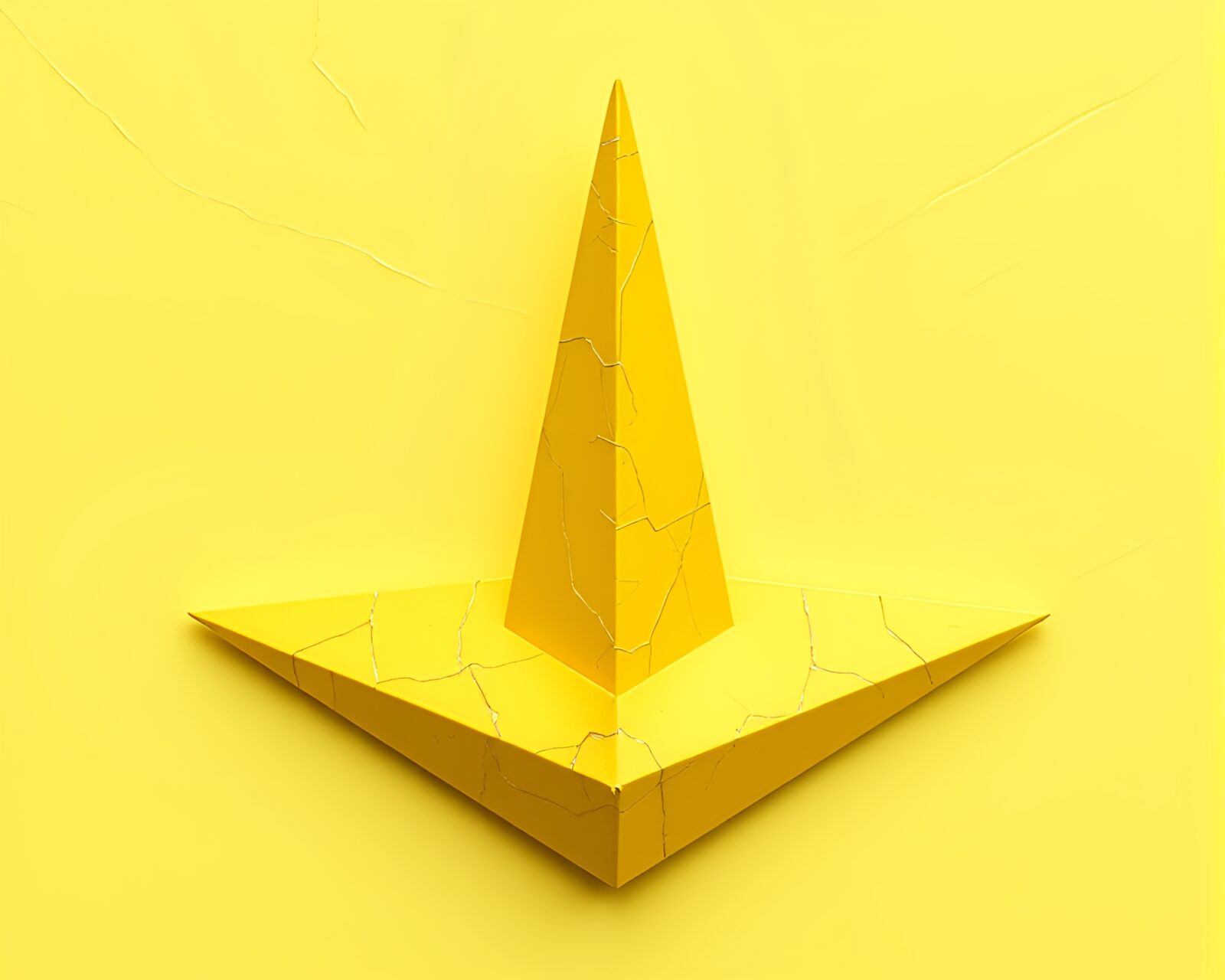Abstract metallic origami obelisk glowing in lemon yellow light.