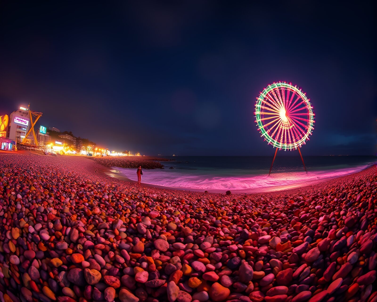 Colorful worm's eye view of pebble beach under glitch lighting
