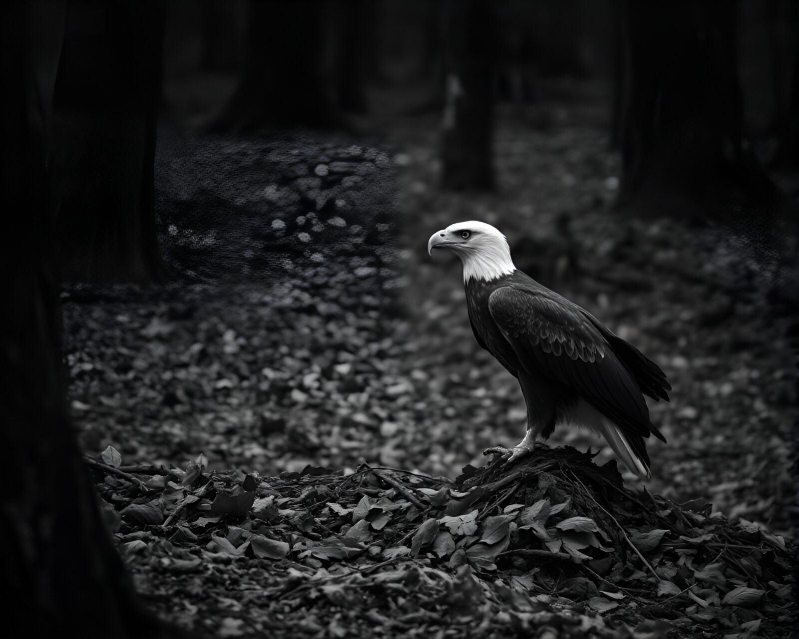 An eagle sitting on scattered dull leaves in dim light