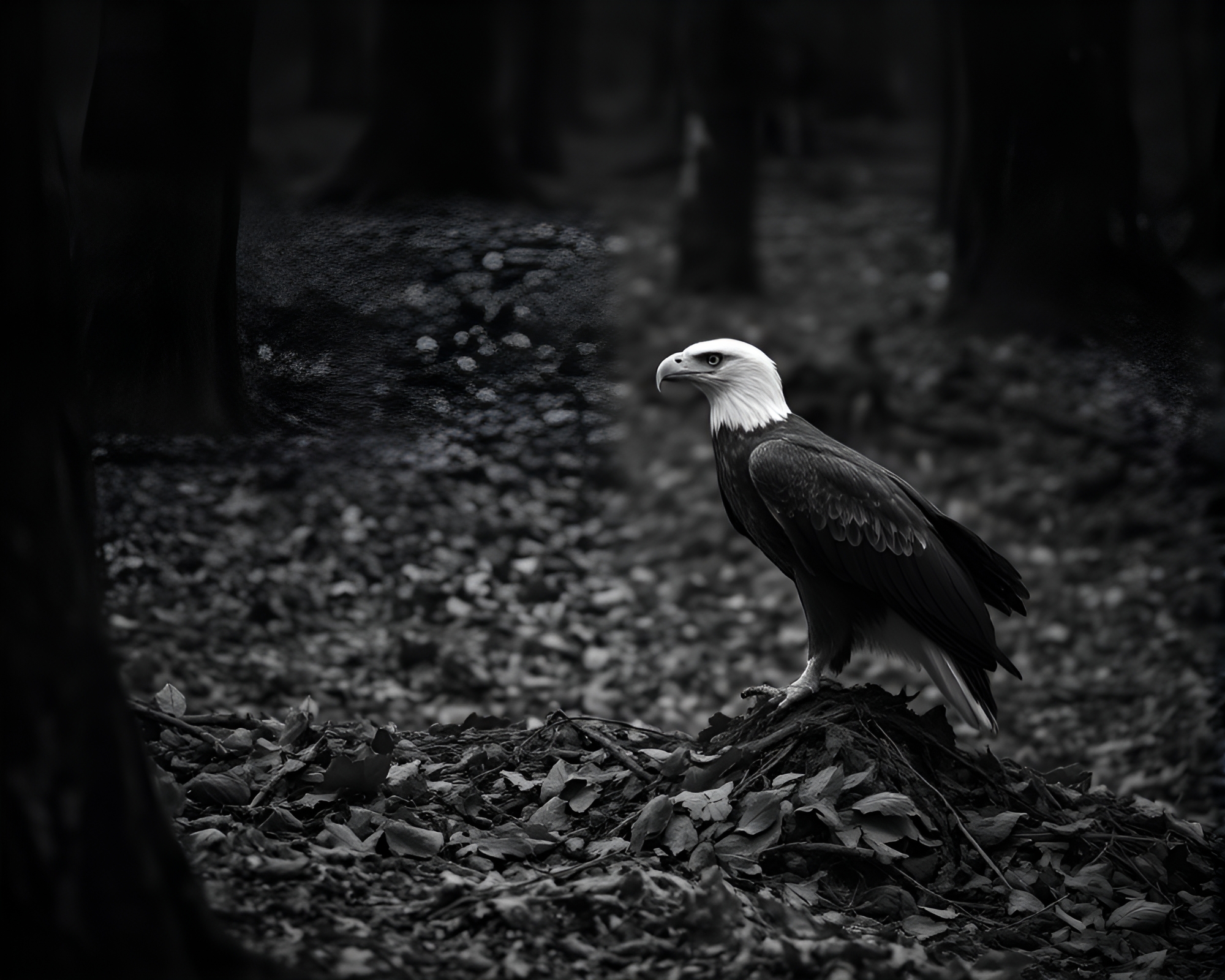 Eagle perched on desolate leaf litter landscape – free AI stock image